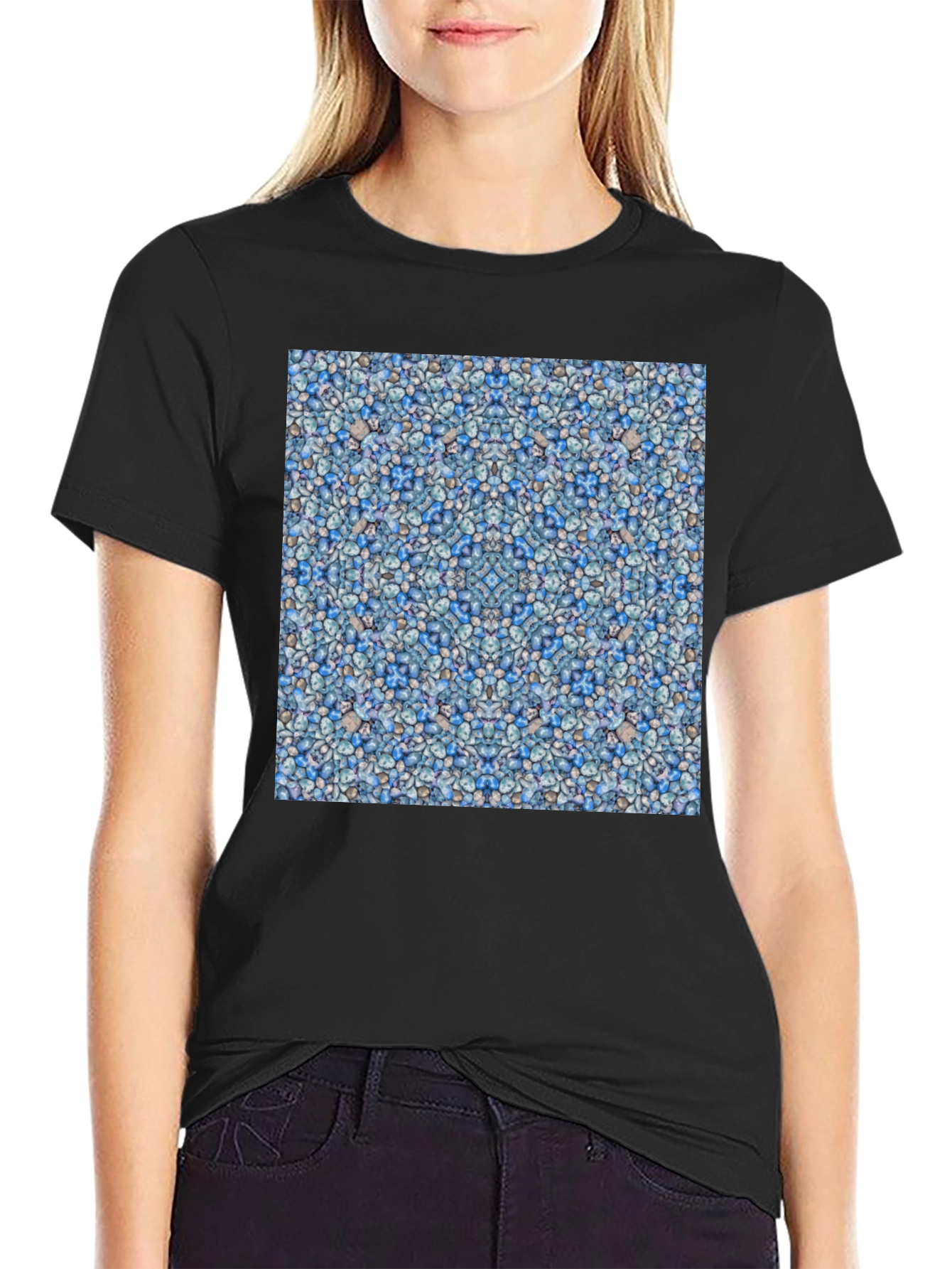 Blue Pebble Pattern Black T-Shirt