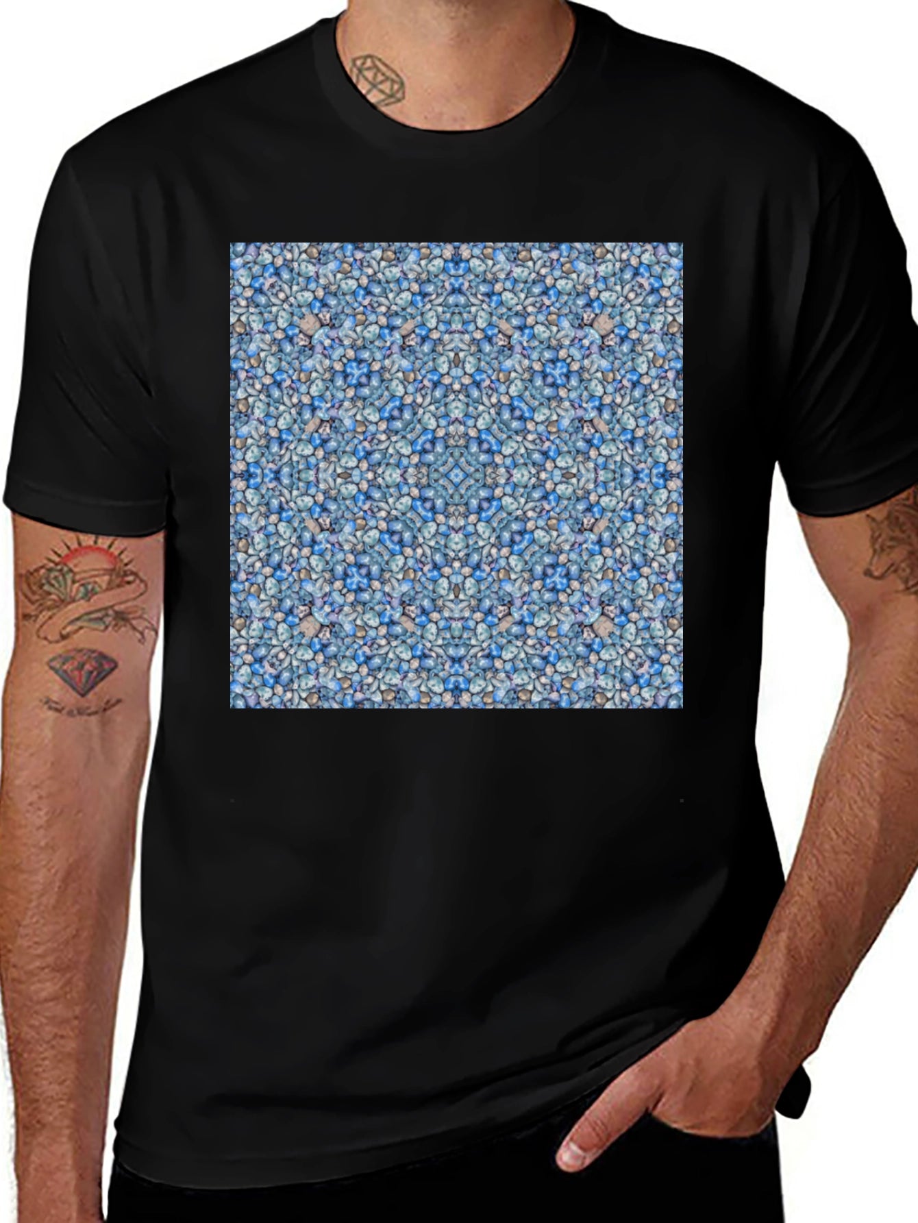 Blue Pebble Pattern Black T-Shirt