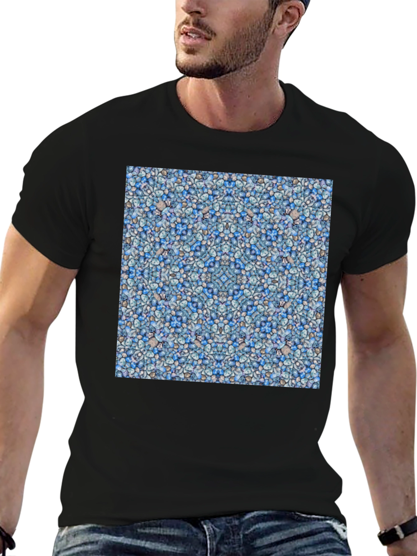 Blue Pebble Pattern Black T-Shirt