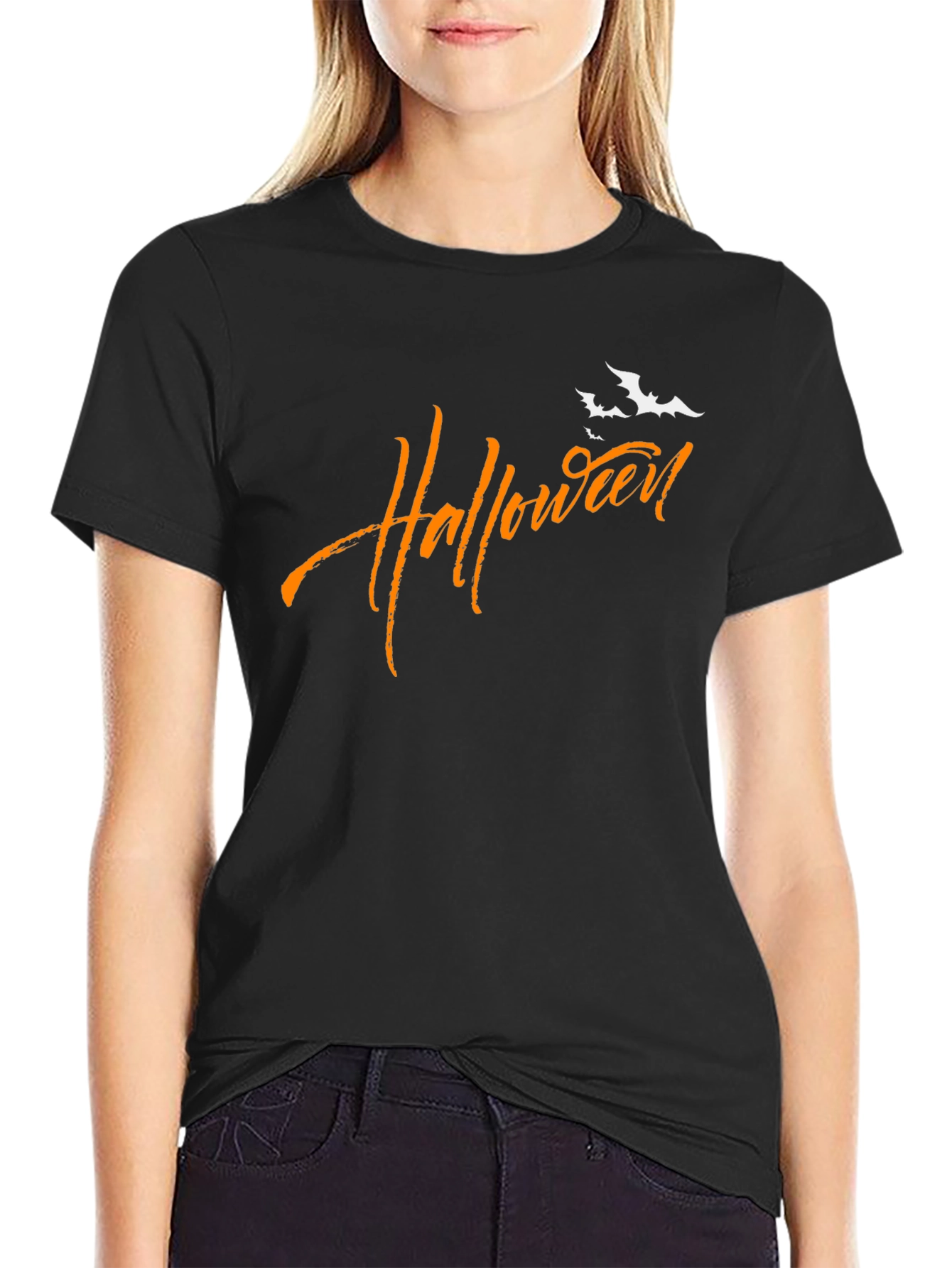 Halloween Bats Graphic Tee - Black Cotton T-Shirt