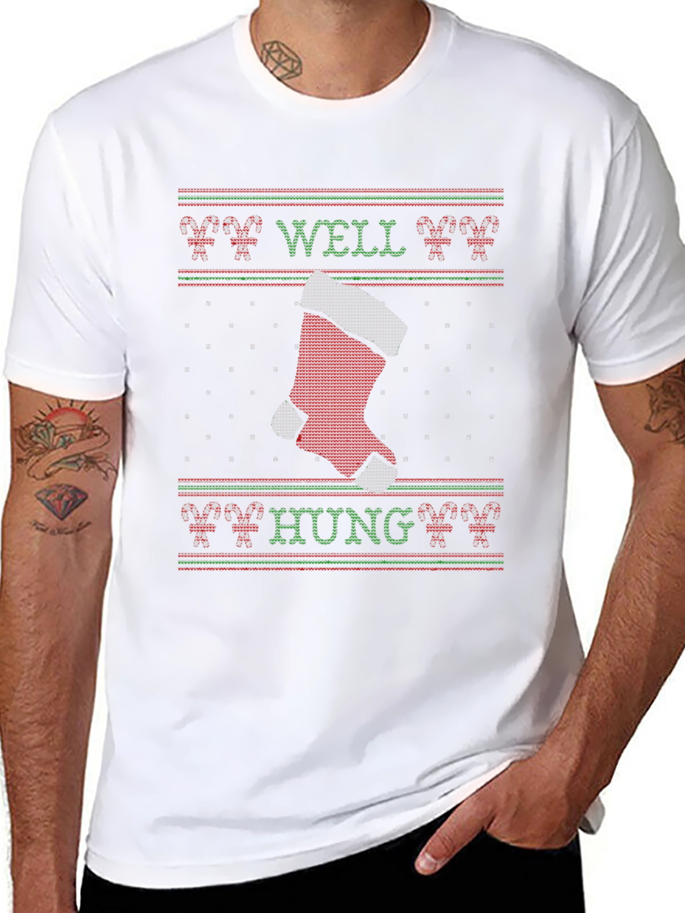 Well Hung Christmas Stocking T-Shirt - Funny Xmas Tee
