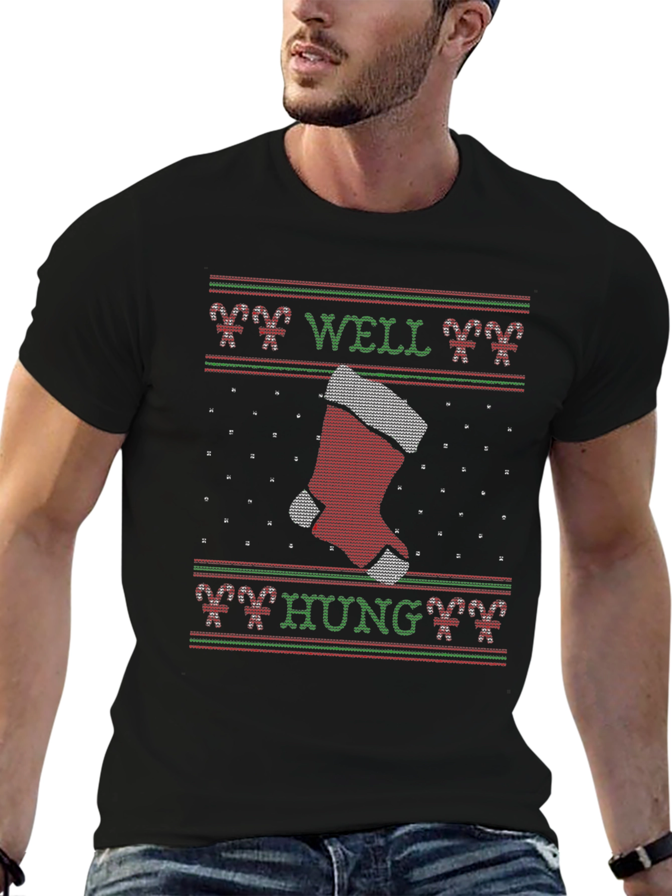Well Hung Christmas Stocking T-Shirt - Funny Xmas Tee
