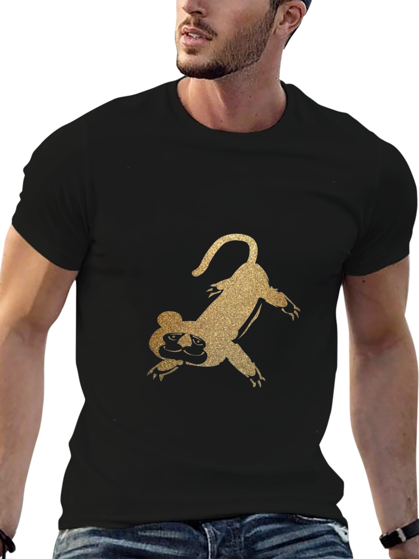 Golden Glitter Lemur Graphic Black T-Shirt