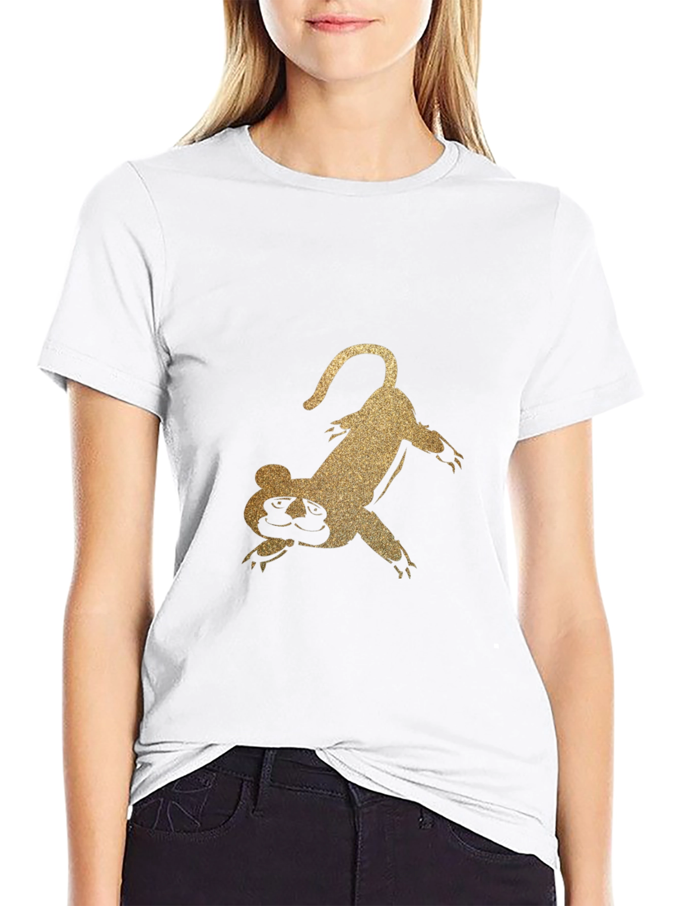Golden Glitter Lemur Graphic Black T-Shirt