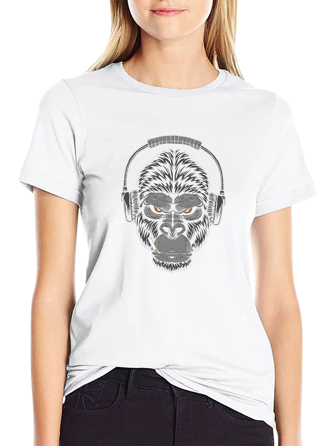 Cool Gorilla with Headphones Black T-Shirt