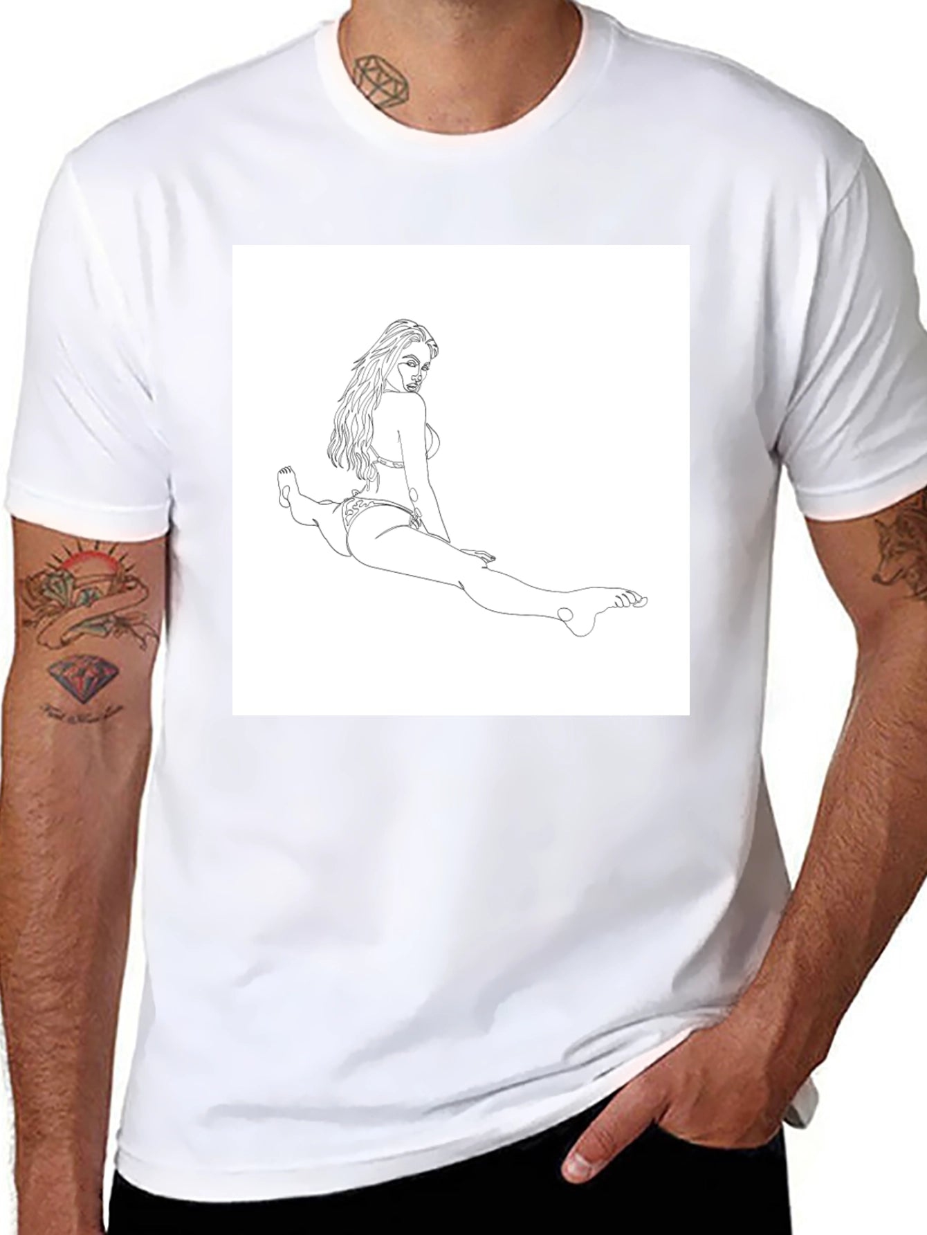 Line Art Bikini Girl on Black T-Shirt