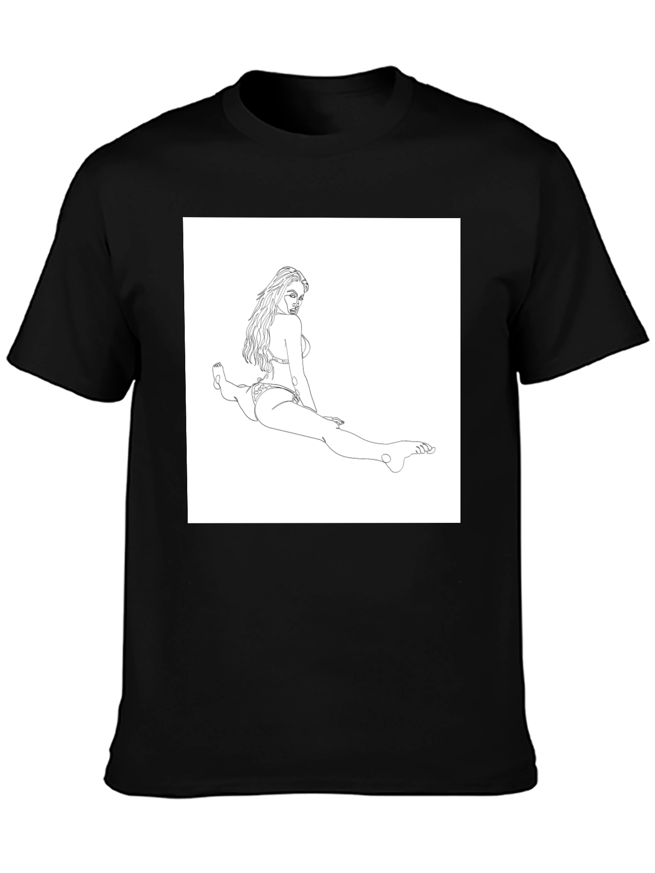 Line Art Bikini Girl on Black T-Shirt