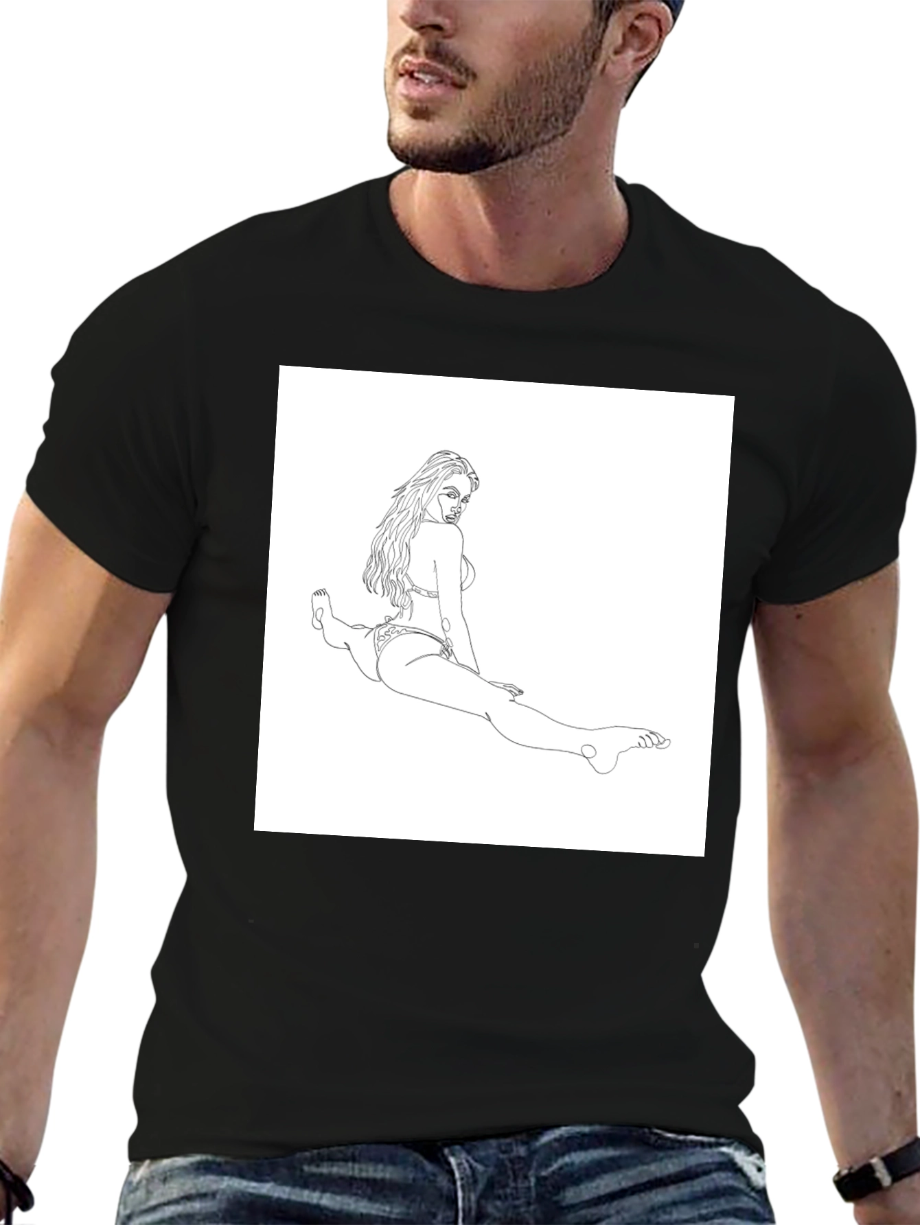 Line Art Bikini Girl on Black T-Shirt