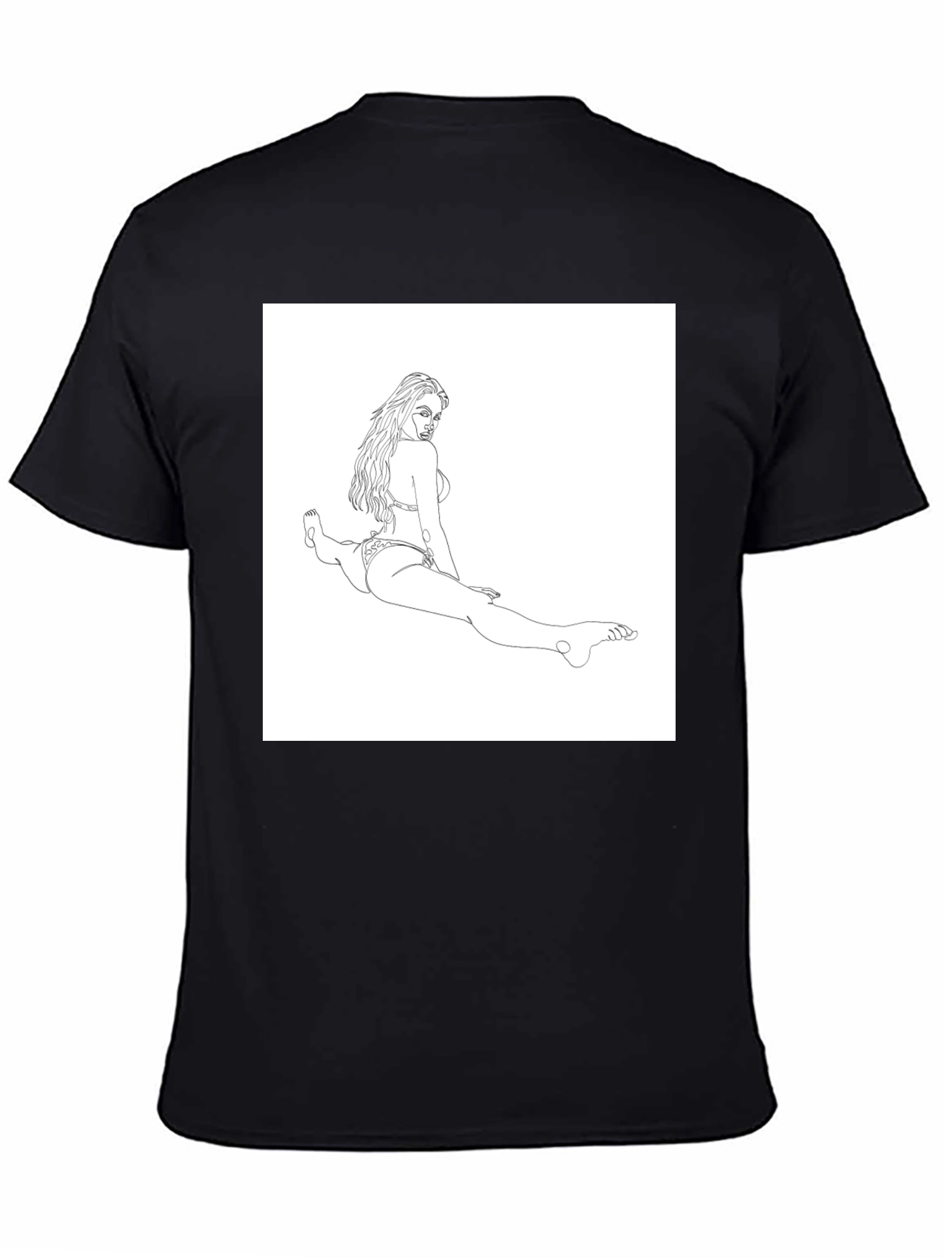 Line Art Bikini Girl on Black T-Shirt