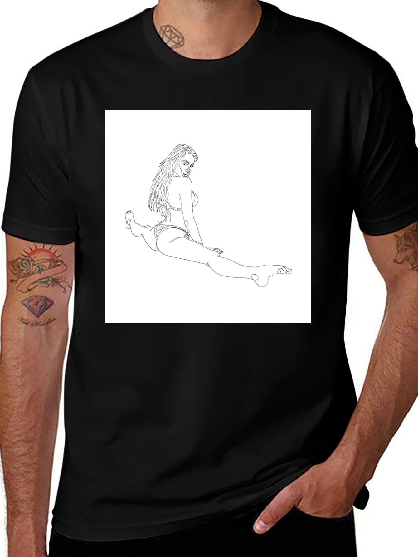 Line Art Bikini Girl on Black T-Shirt