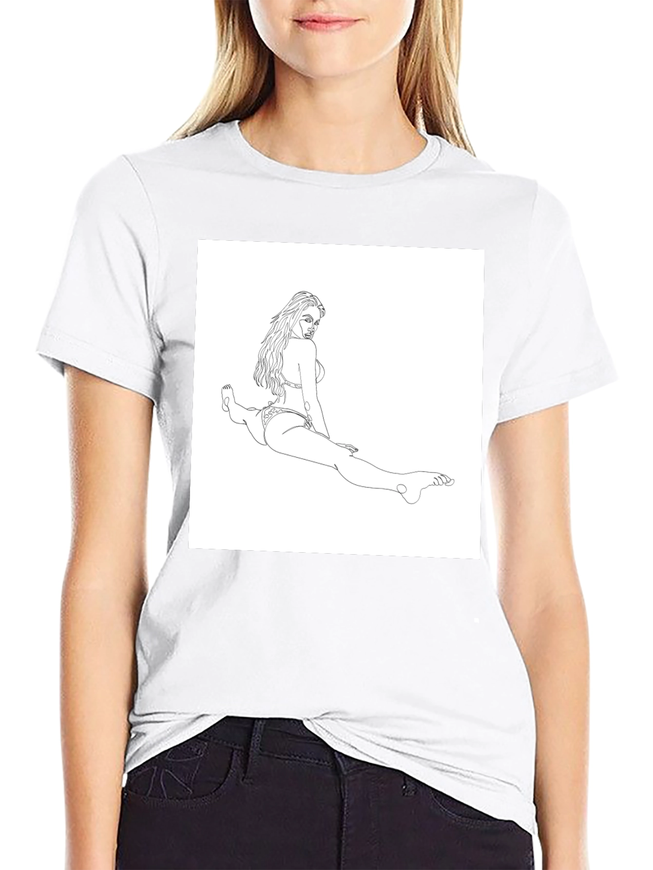 Line Art Bikini Girl on Black T-Shirt