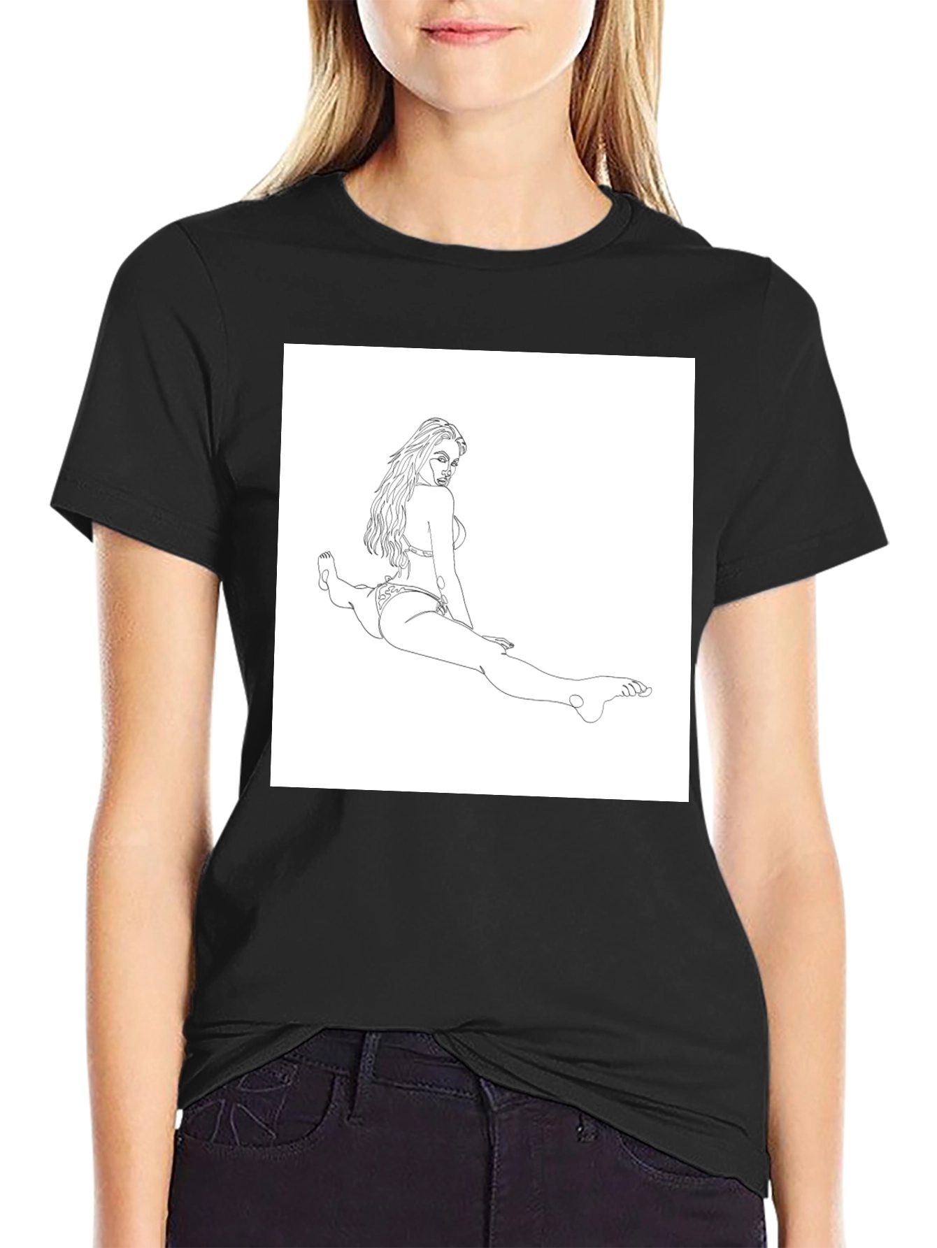 Line Art Bikini Girl on Black T-Shirt
