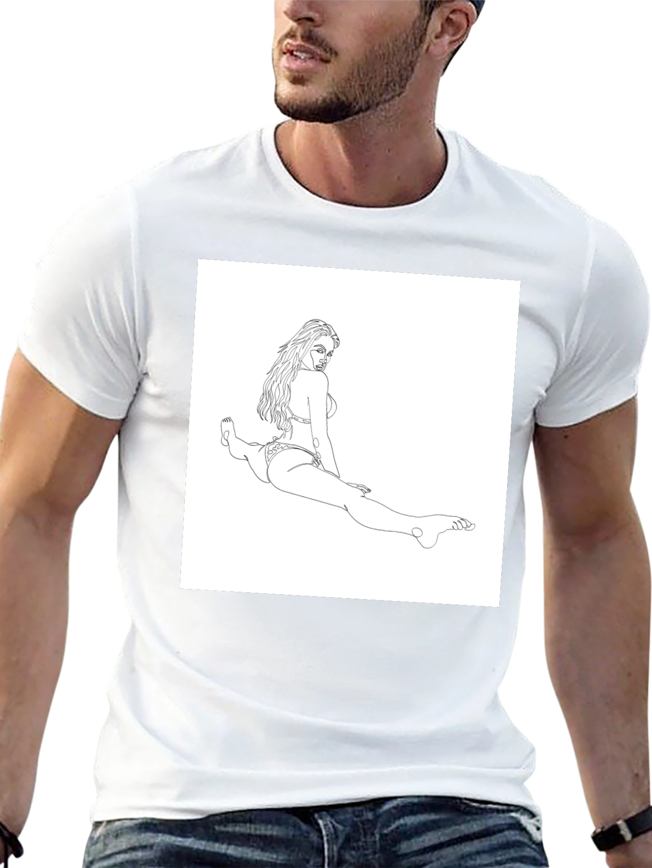 Line Art Bikini Girl on Black T-Shirt