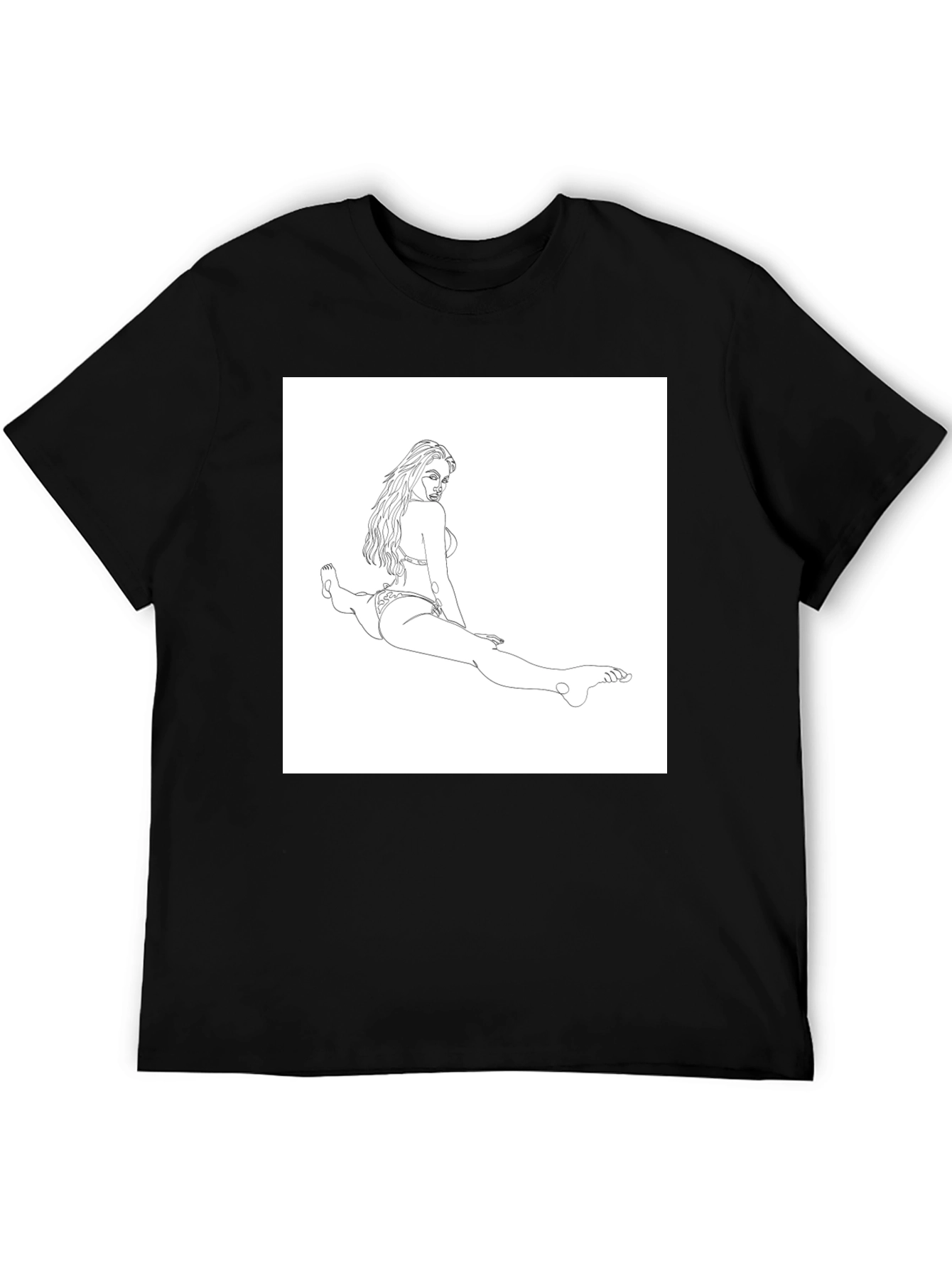 Line Art Bikini Girl on Black T-Shirt