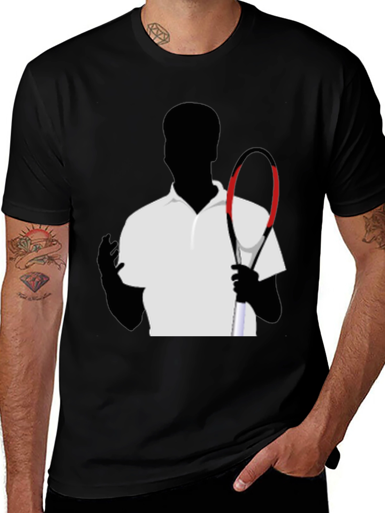 Tennis Player Silhouette Graphic Tee - Black Cotton Shirt