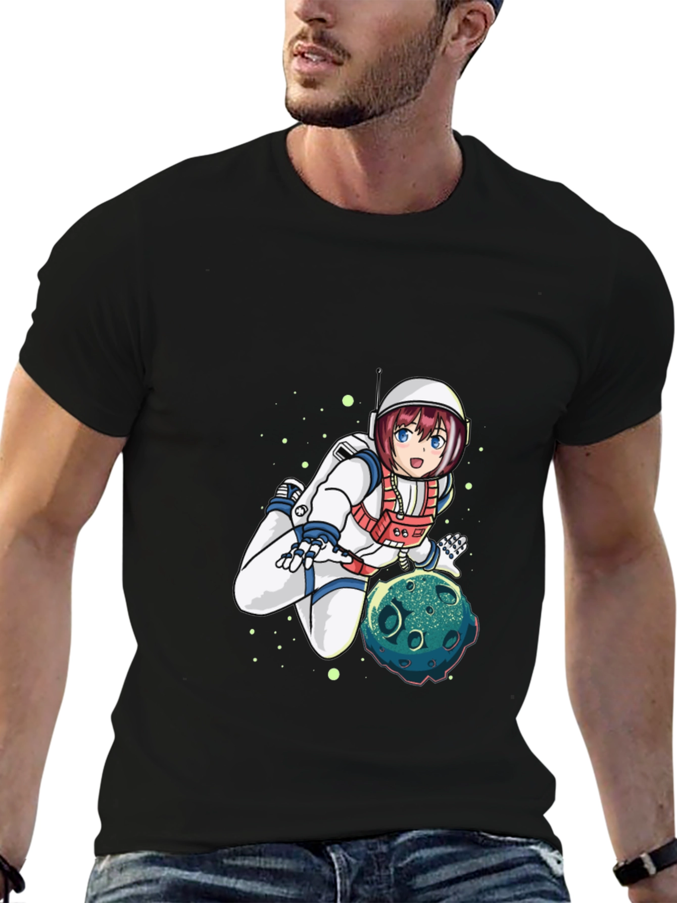Astronaut Anime Graphic Tee - Black Cotton T-Shirt