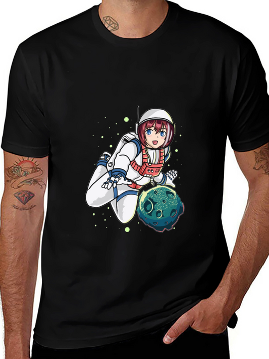 Astronaut Anime Graphic Tee - Black Cotton T-Shirt