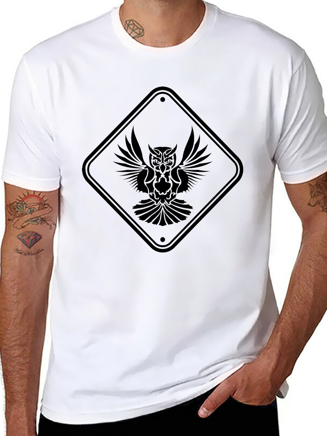 Black Owl Graphic Tee - Unique Diamond Sign Design