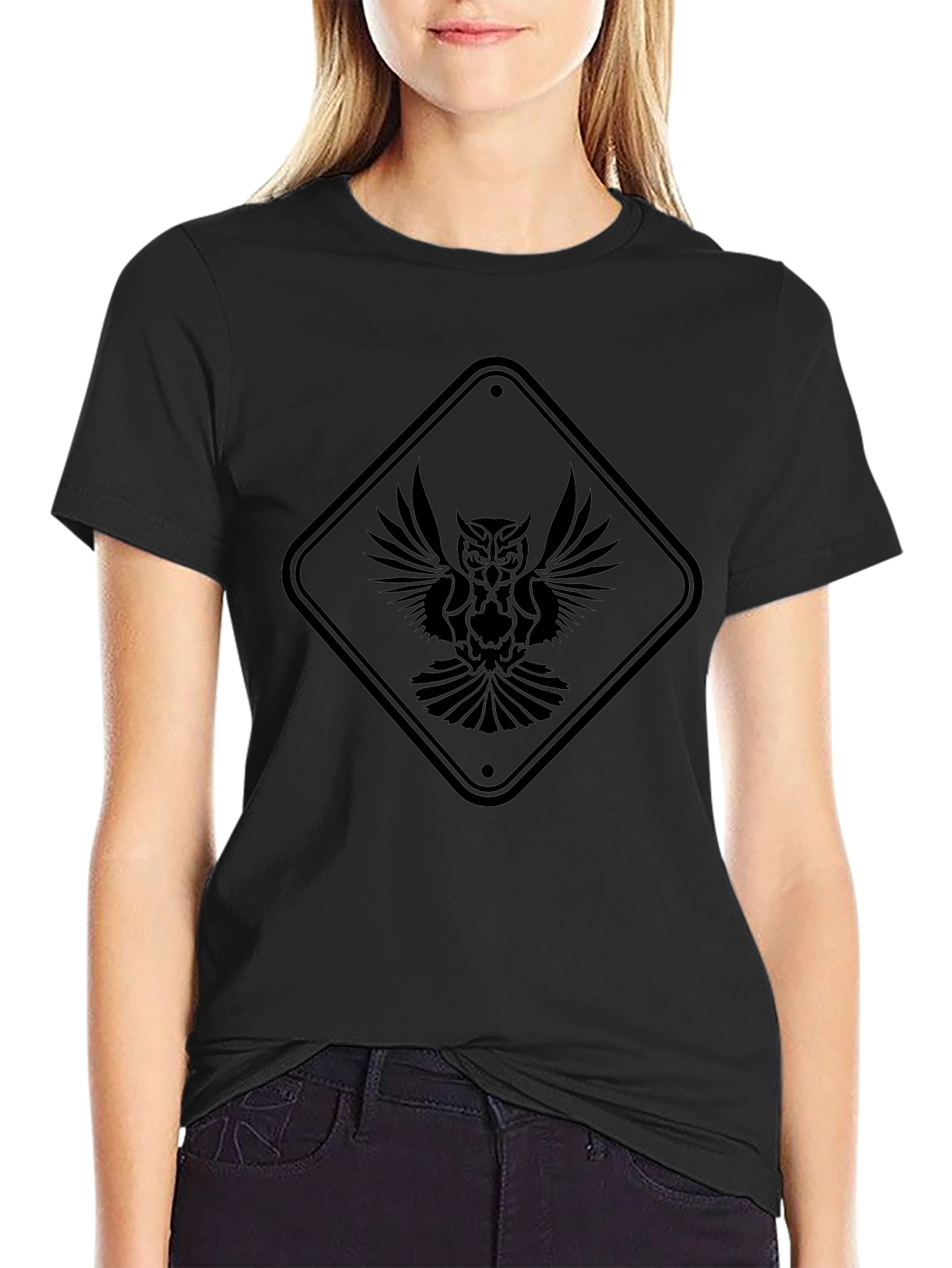 Black Owl Graphic Tee - Unique Diamond Sign Design