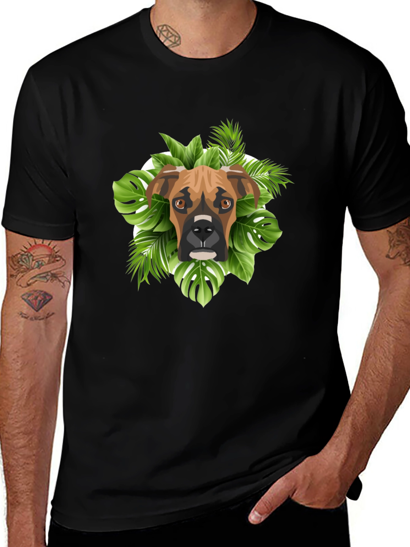 Boxer Dog Tropical Leaves Graphic T-Shirt
