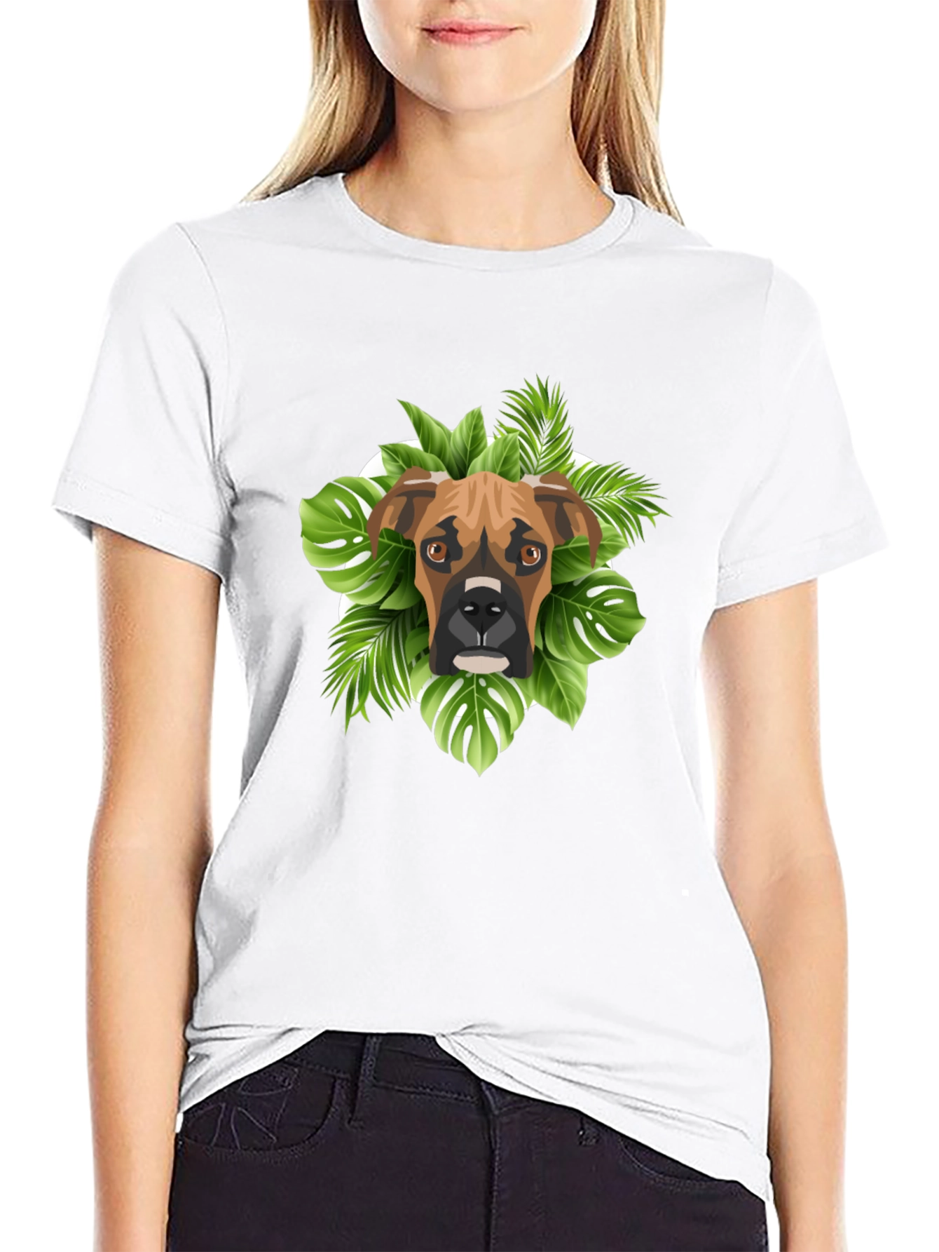 Boxer Dog Tropical Leaves Graphic T-Shirt