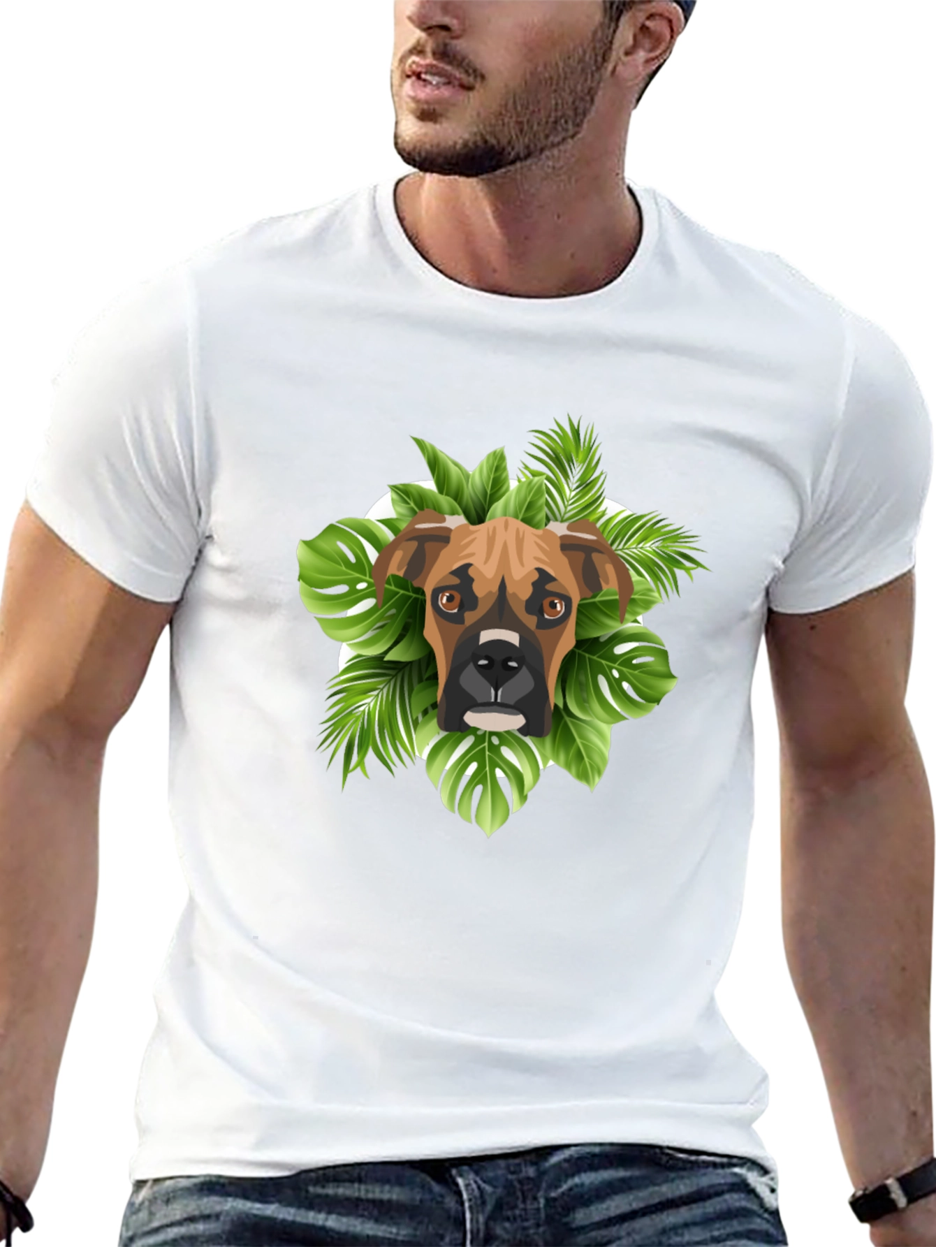Boxer Dog Tropical Leaves Graphic T-Shirt