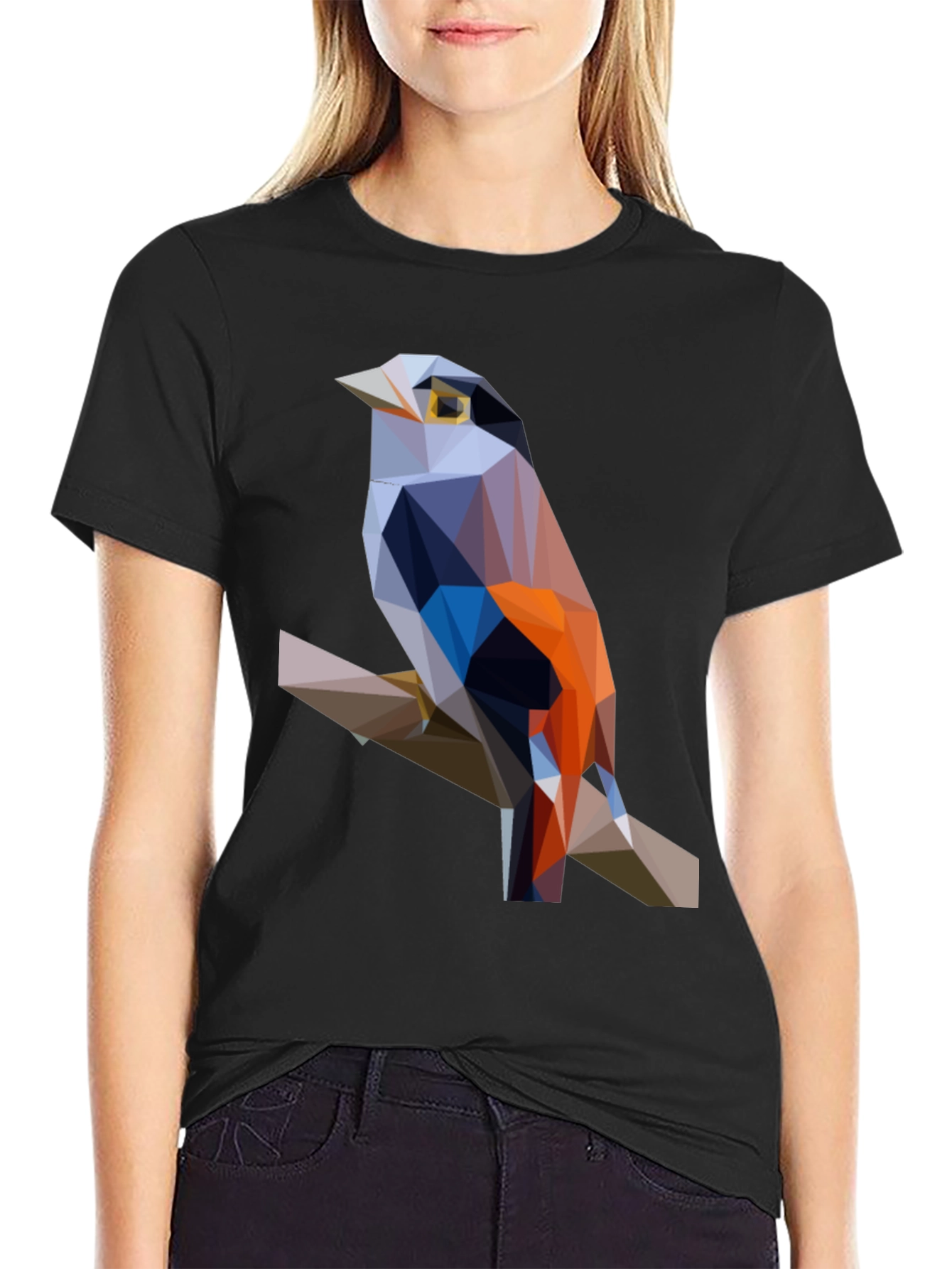 Geometric Bird Print Black T-Shirt