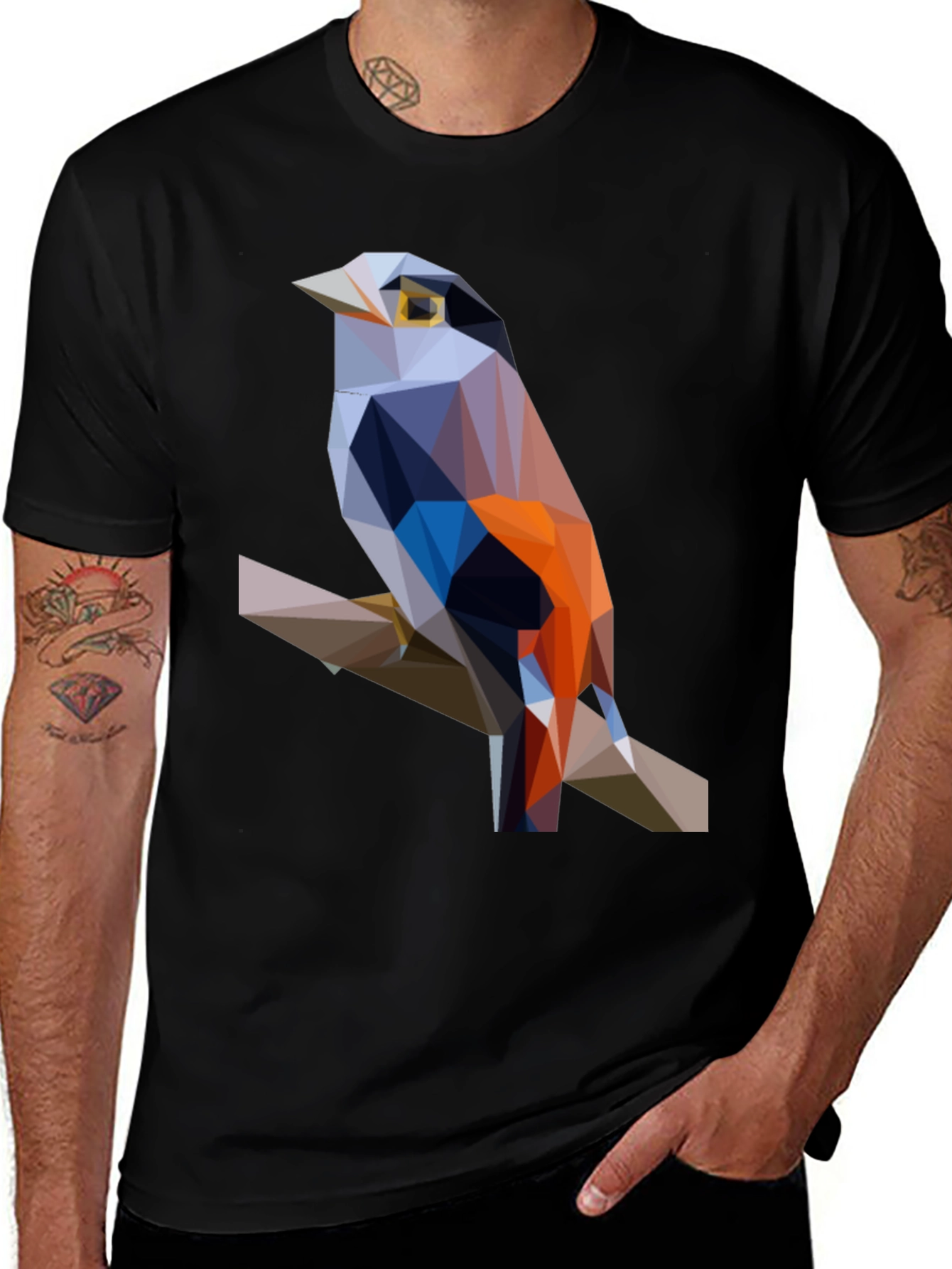 Geometric Bird Print Black T-Shirt