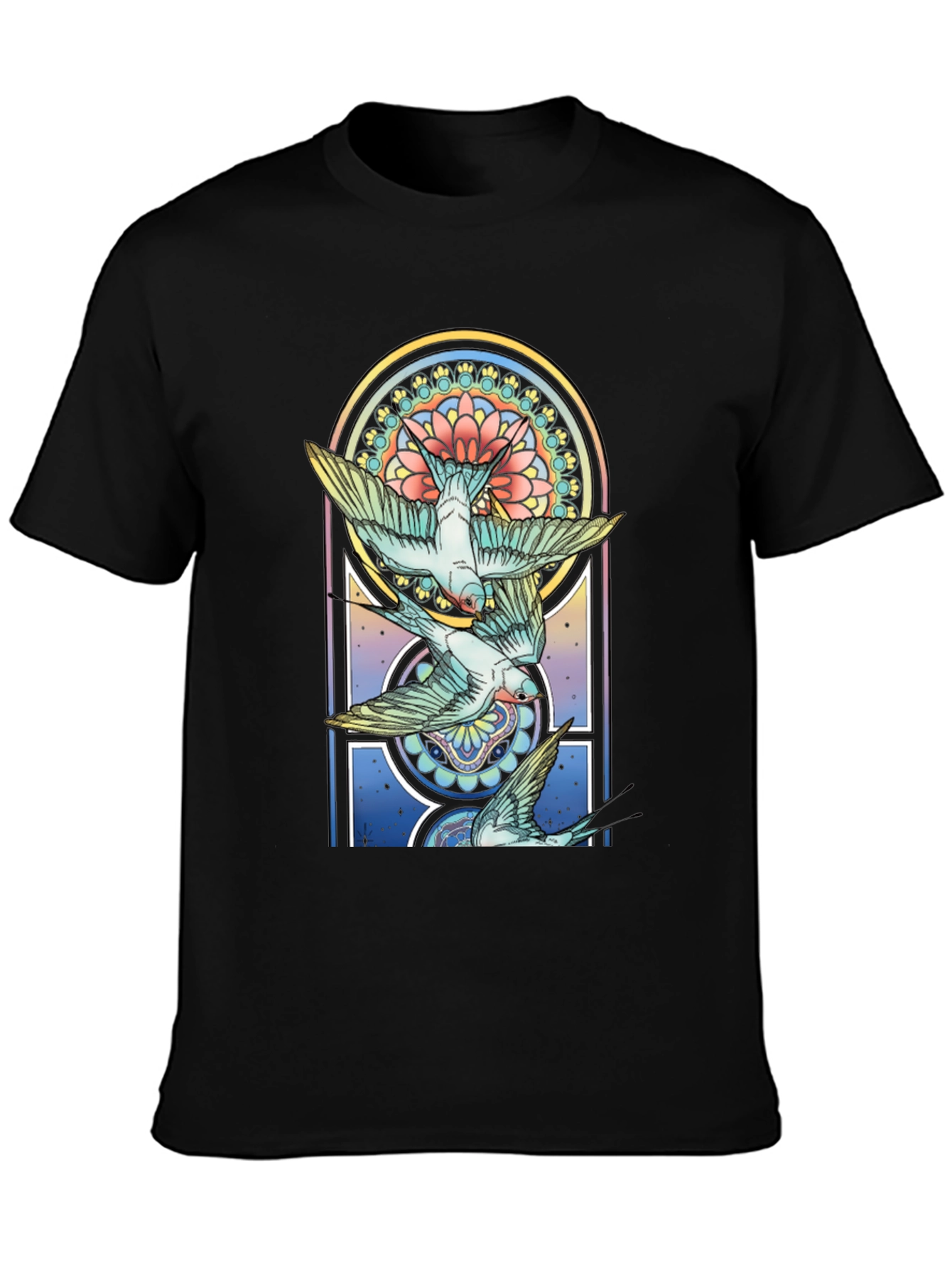 Artistic Bird Print Black Tee