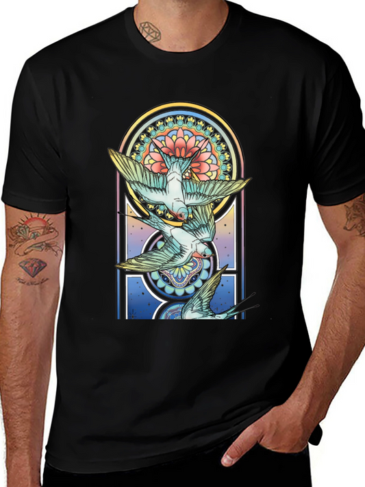 Artistic Bird Print Black Tee