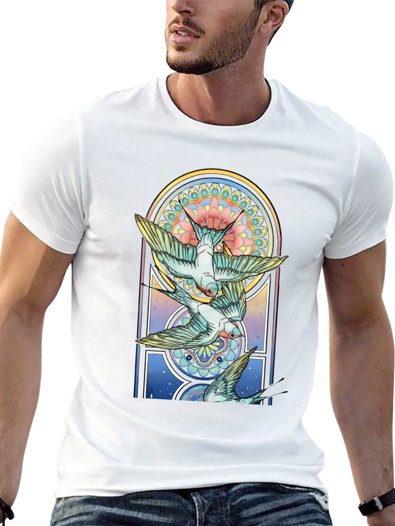 Artistic Bird Print Black Tee
