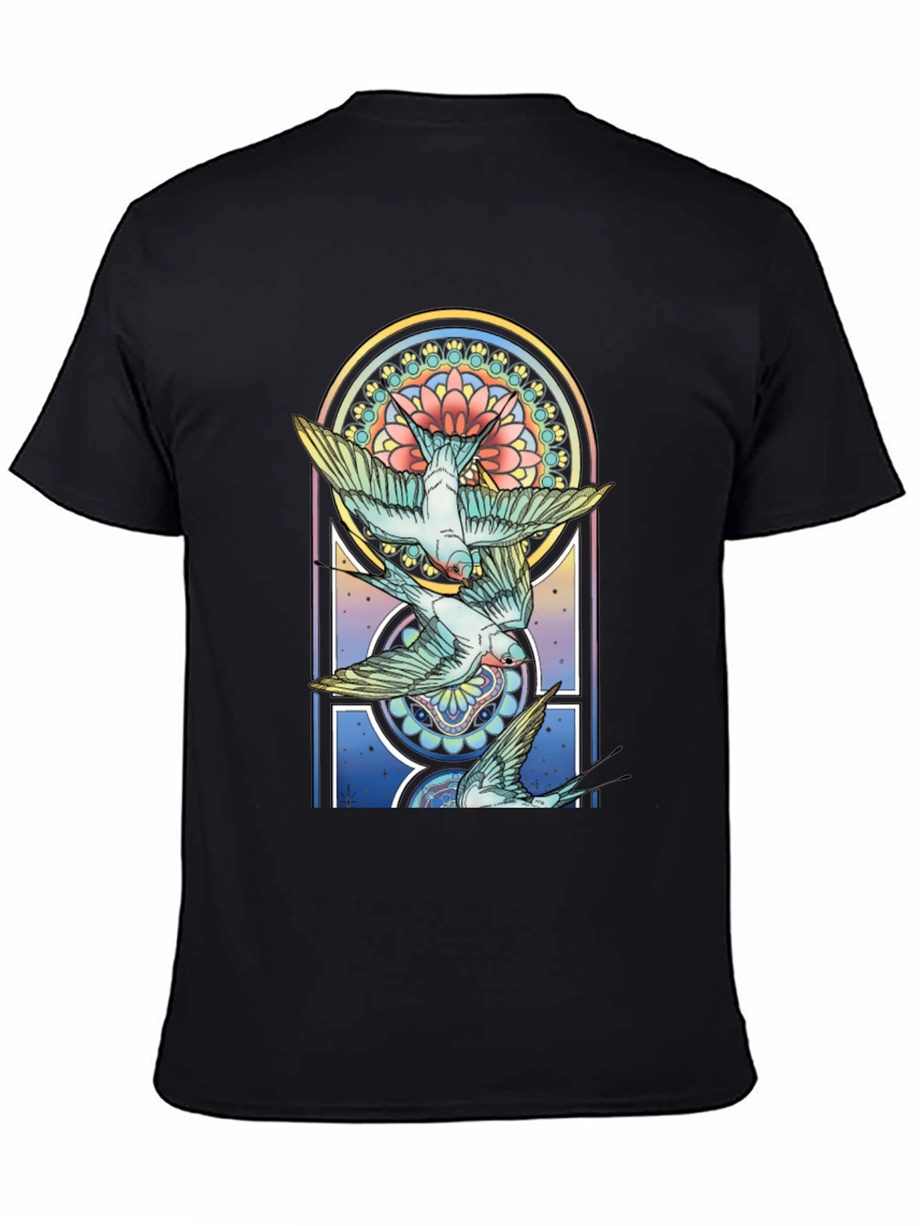 Artistic Bird Print Black Tee