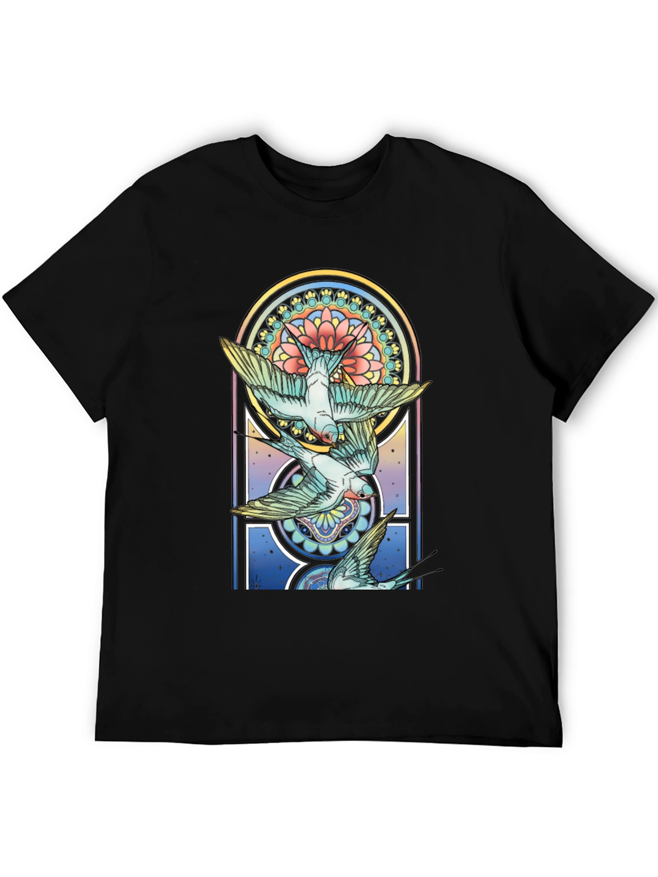 Artistic Bird Print Black Tee