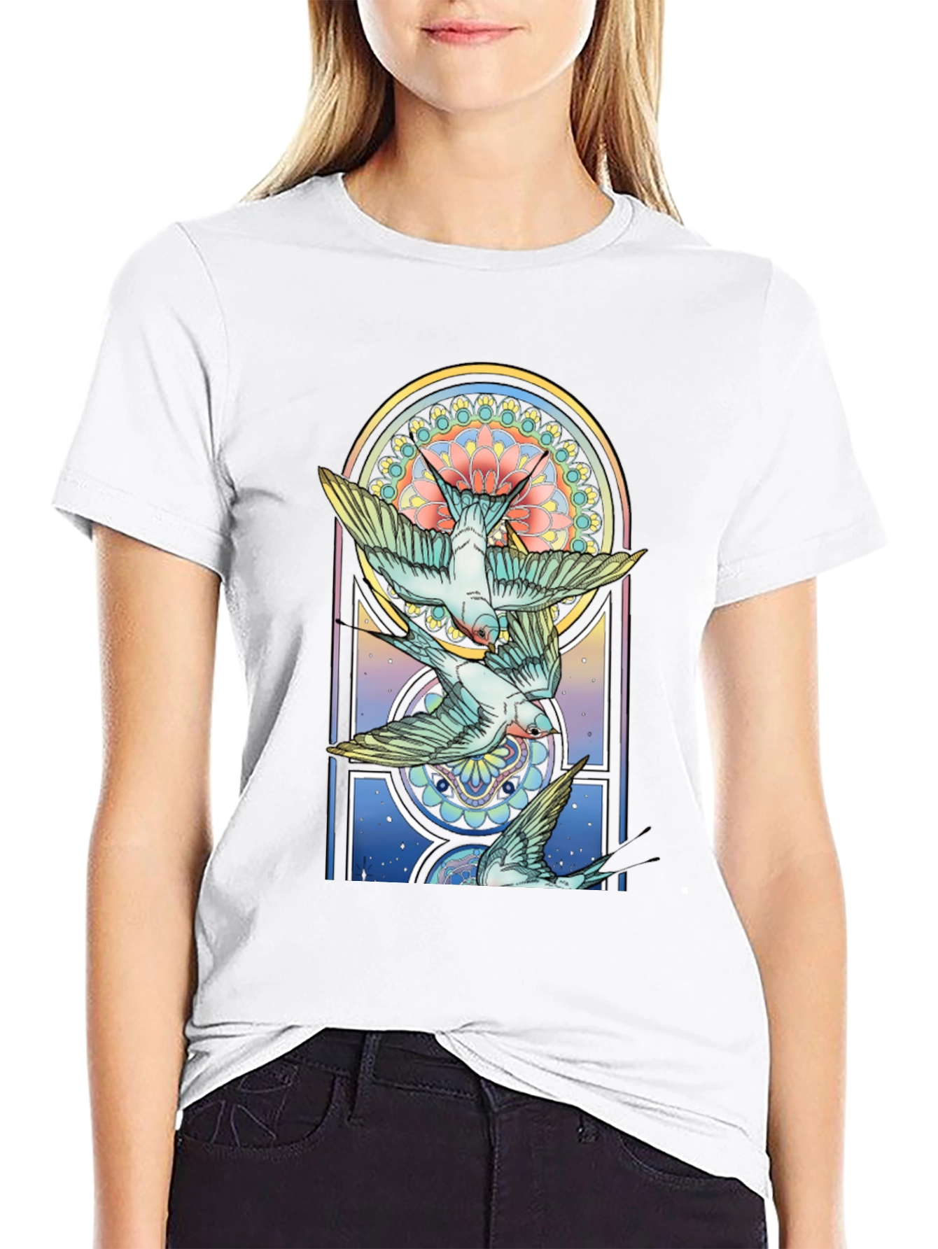 Artistic Bird Print Black Tee