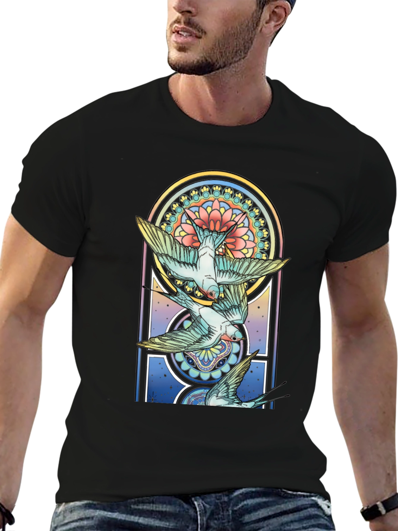 Artistic Bird Print Black Tee
