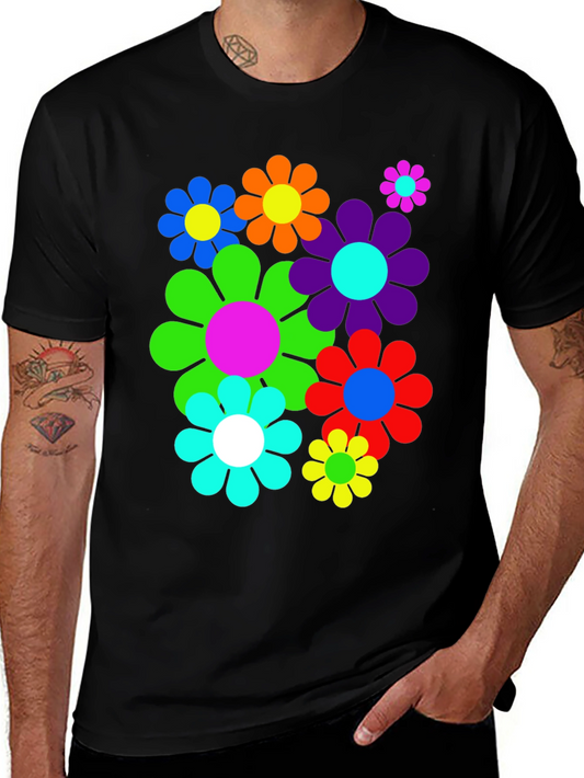 Retro Flower Power Graphic Tee - Black Cotton Comfort
