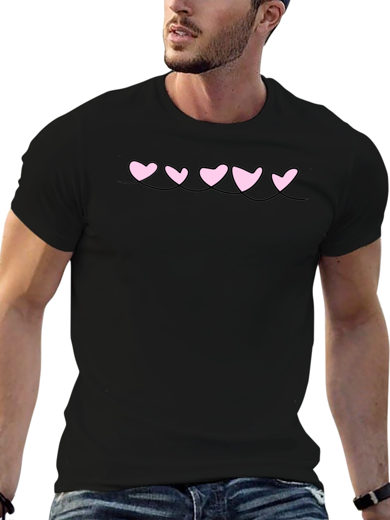Mens Black T-Shirt with Pink Heart Design