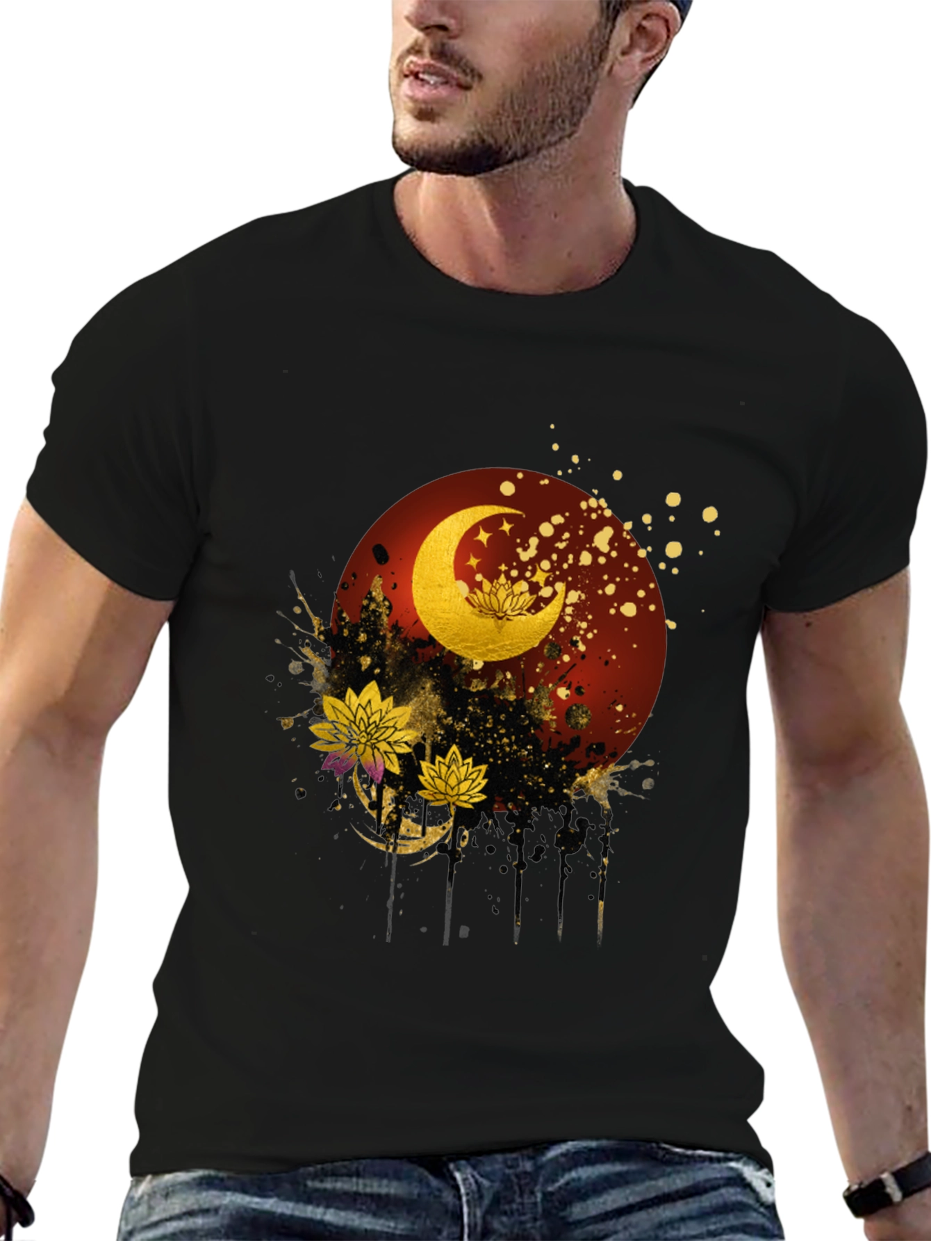 Lunar Lotus Graphic Tee - Artistic Black T-Shirt