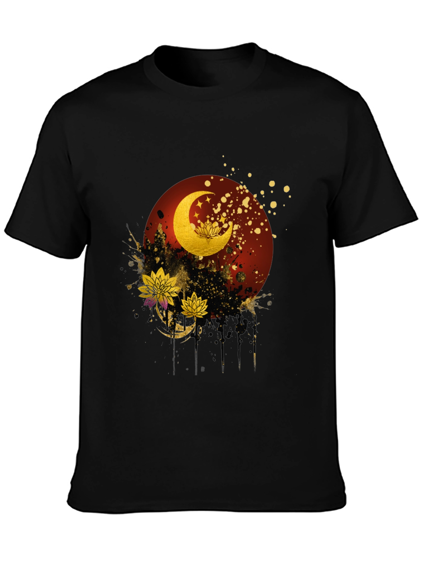 Lunar Lotus Graphic Tee - Artistic Black T-Shirt