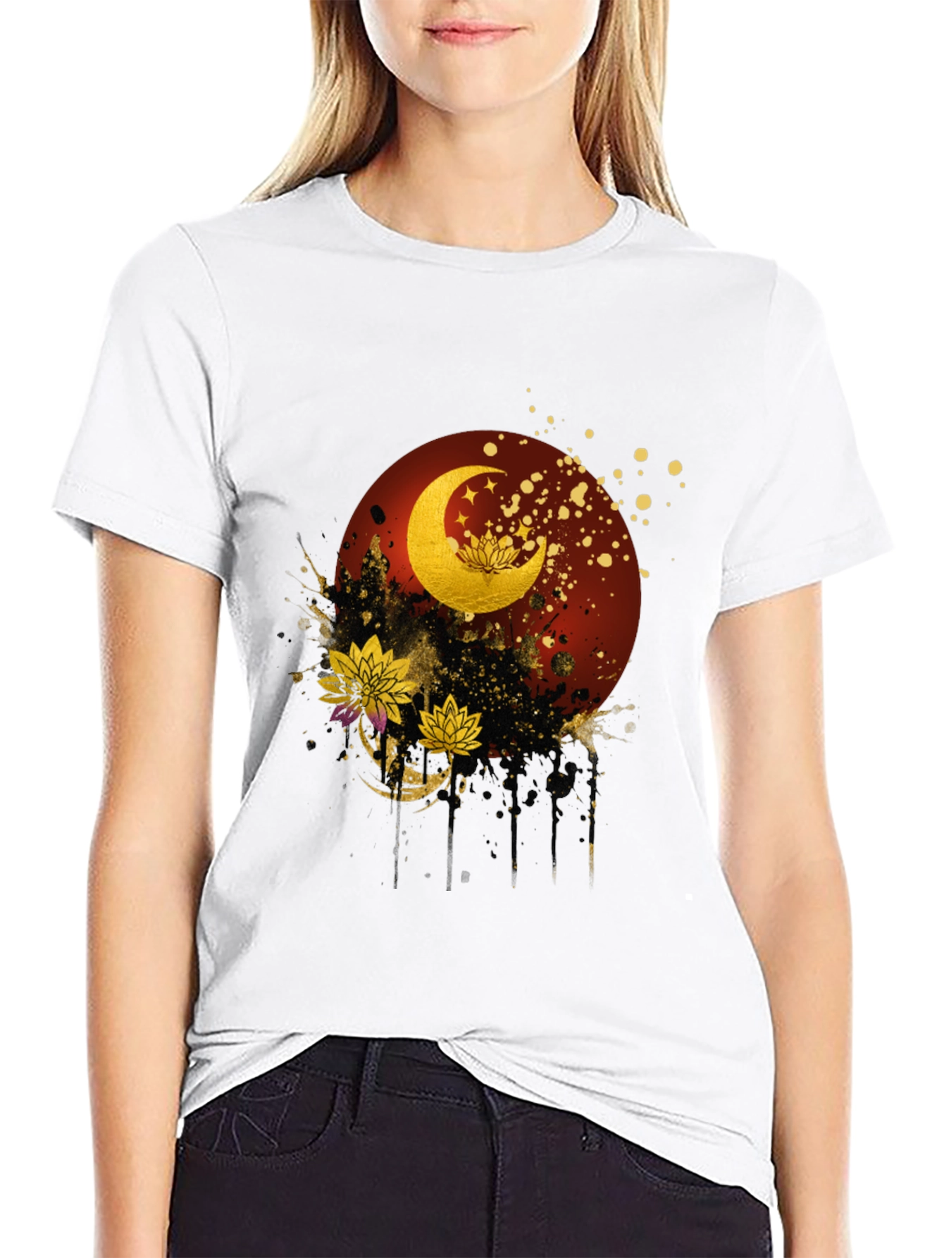 Lunar Lotus Graphic Tee - Artistic Black T-Shirt