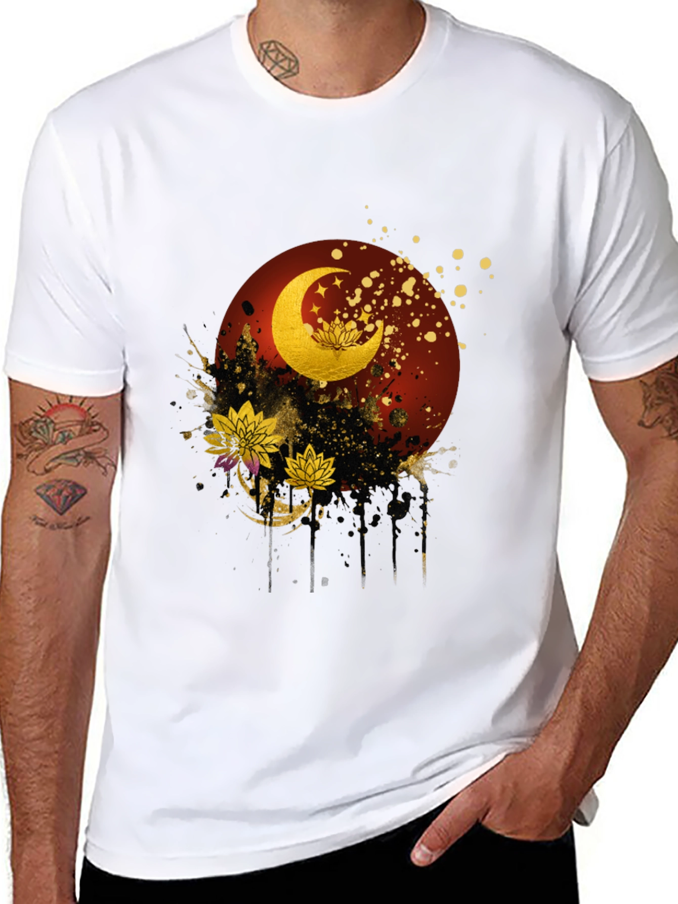 Lunar Lotus Graphic Tee - Artistic Black T-Shirt