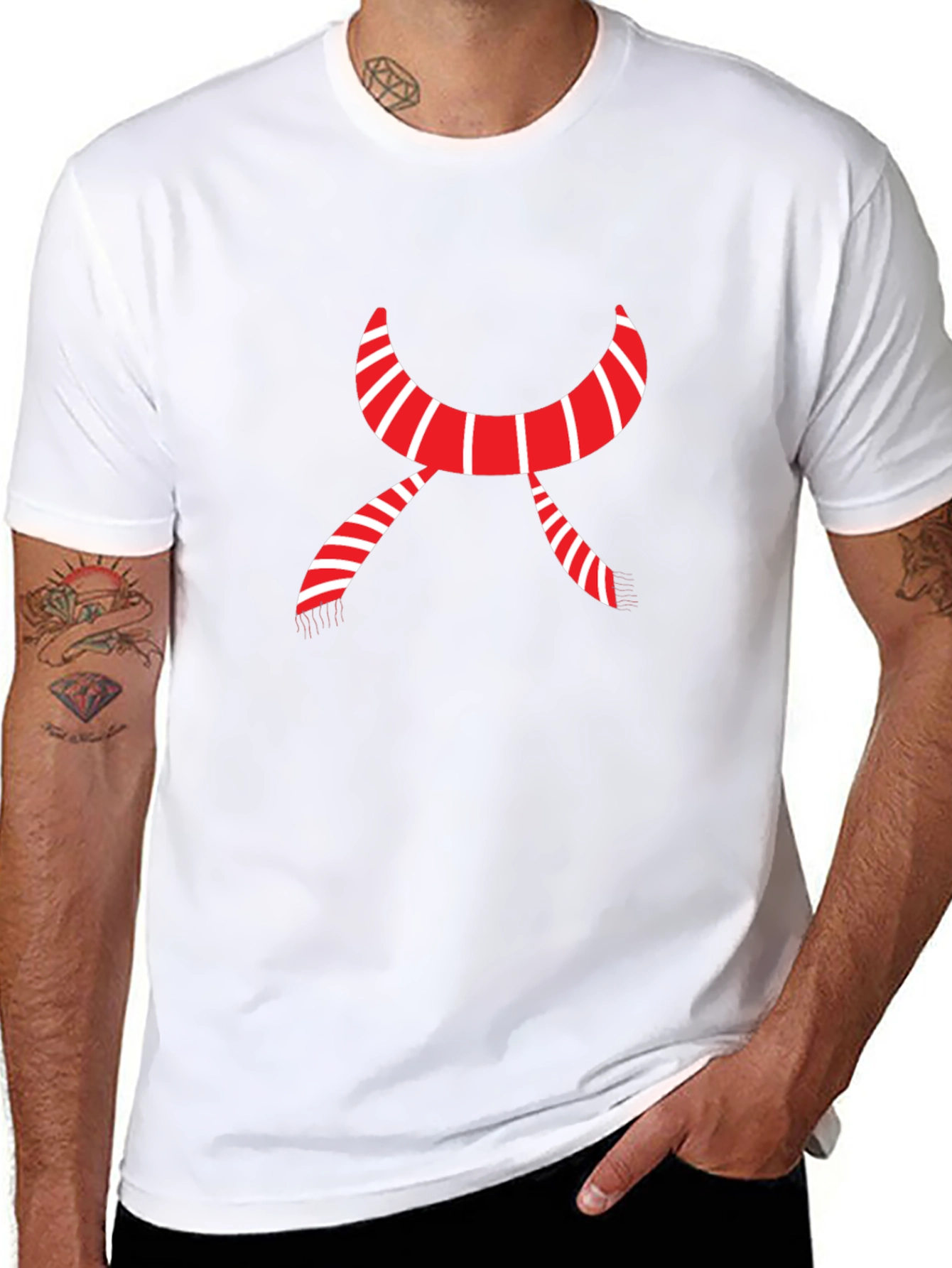 Striped Scarf Graphic Tee - Cozy Festive Style