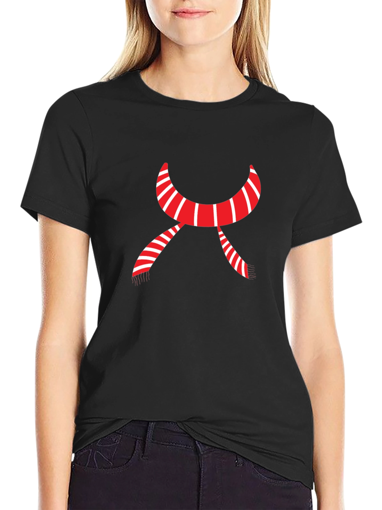 Striped Scarf Graphic Tee - Cozy Festive Style