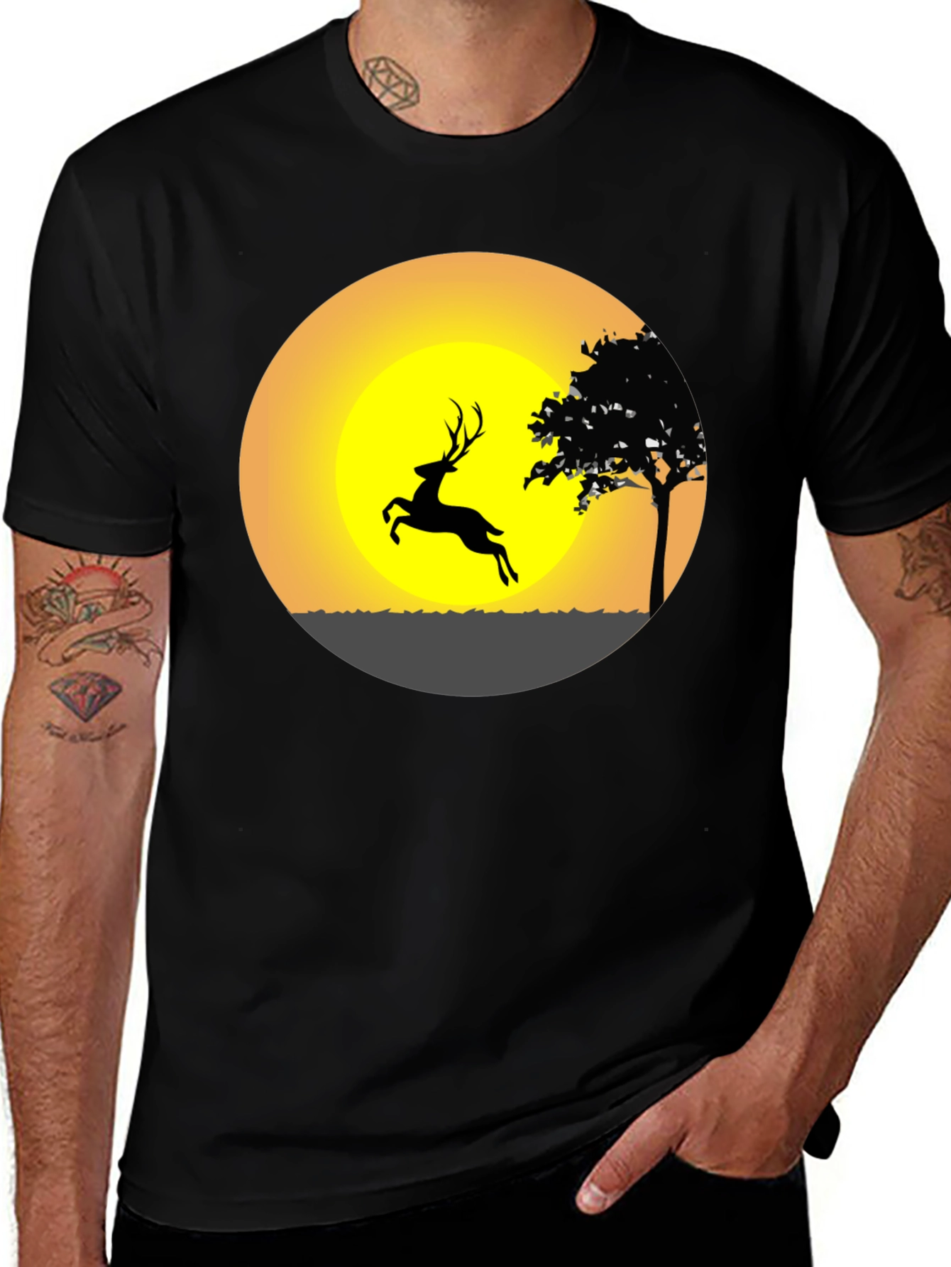 Deer Silhouette Sunset Graphic Tee - Black Cotton Blend