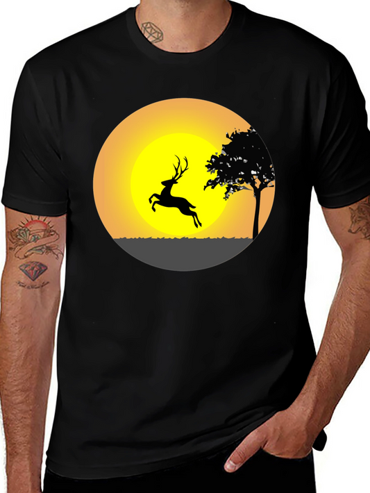 Deer Silhouette Sunset Graphic Tee - Black Cotton Blend