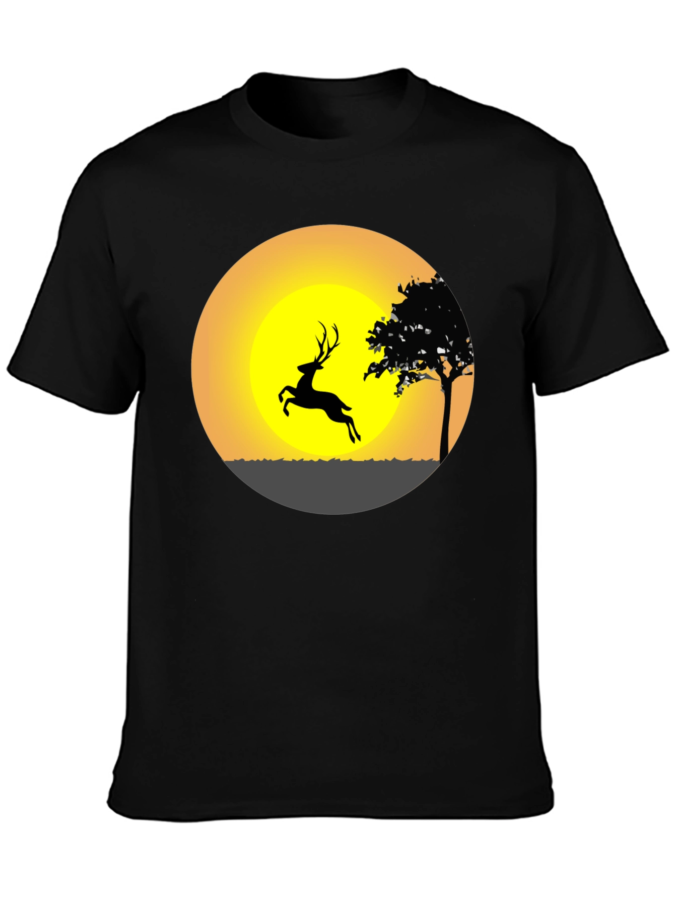 Deer Silhouette Sunset Graphic Tee - Black Cotton Blend
