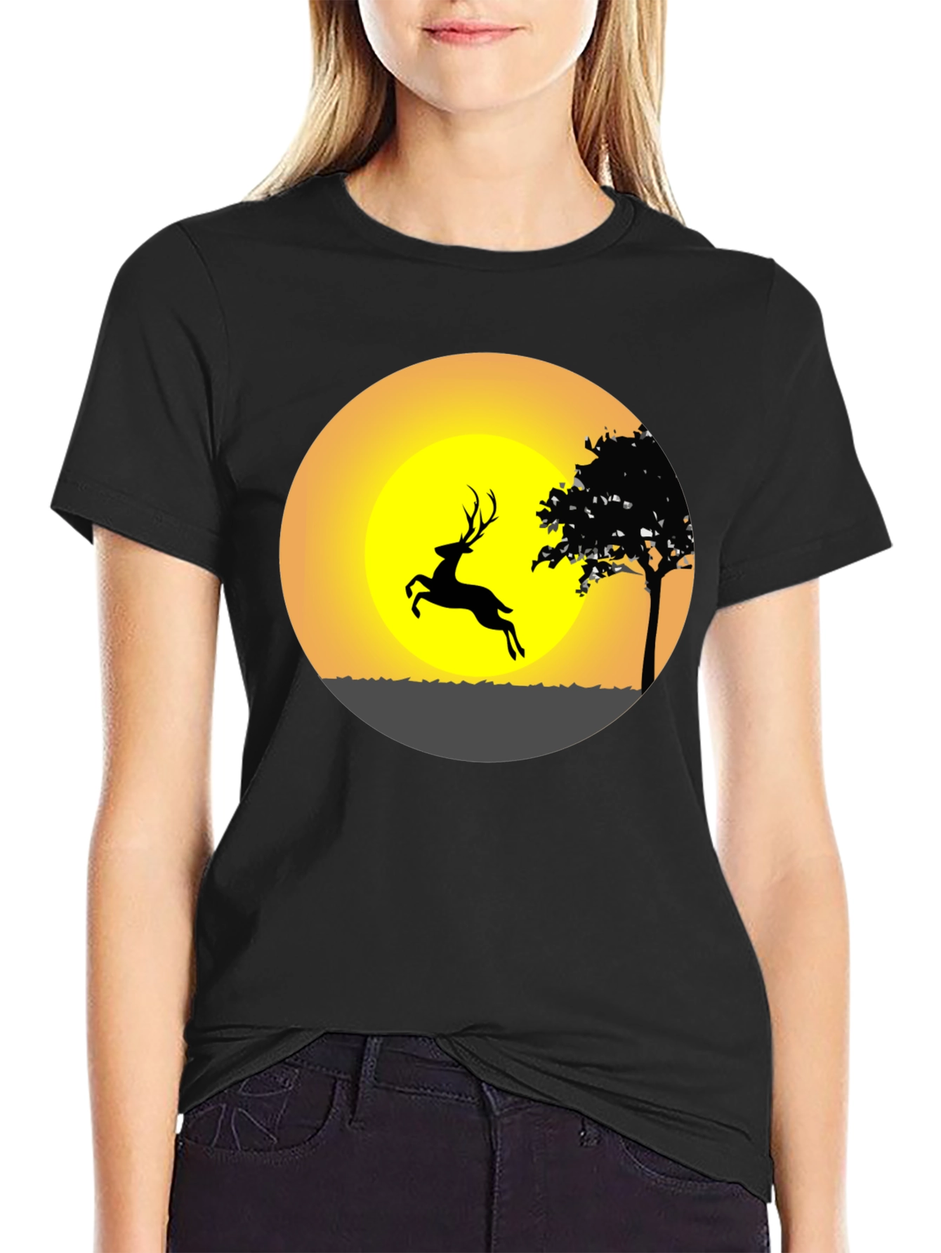 Deer Silhouette Sunset Graphic Tee - Black Cotton Blend