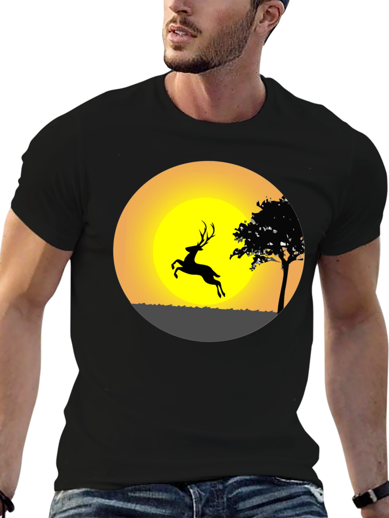Deer Silhouette Sunset Graphic Tee - Black Cotton Blend