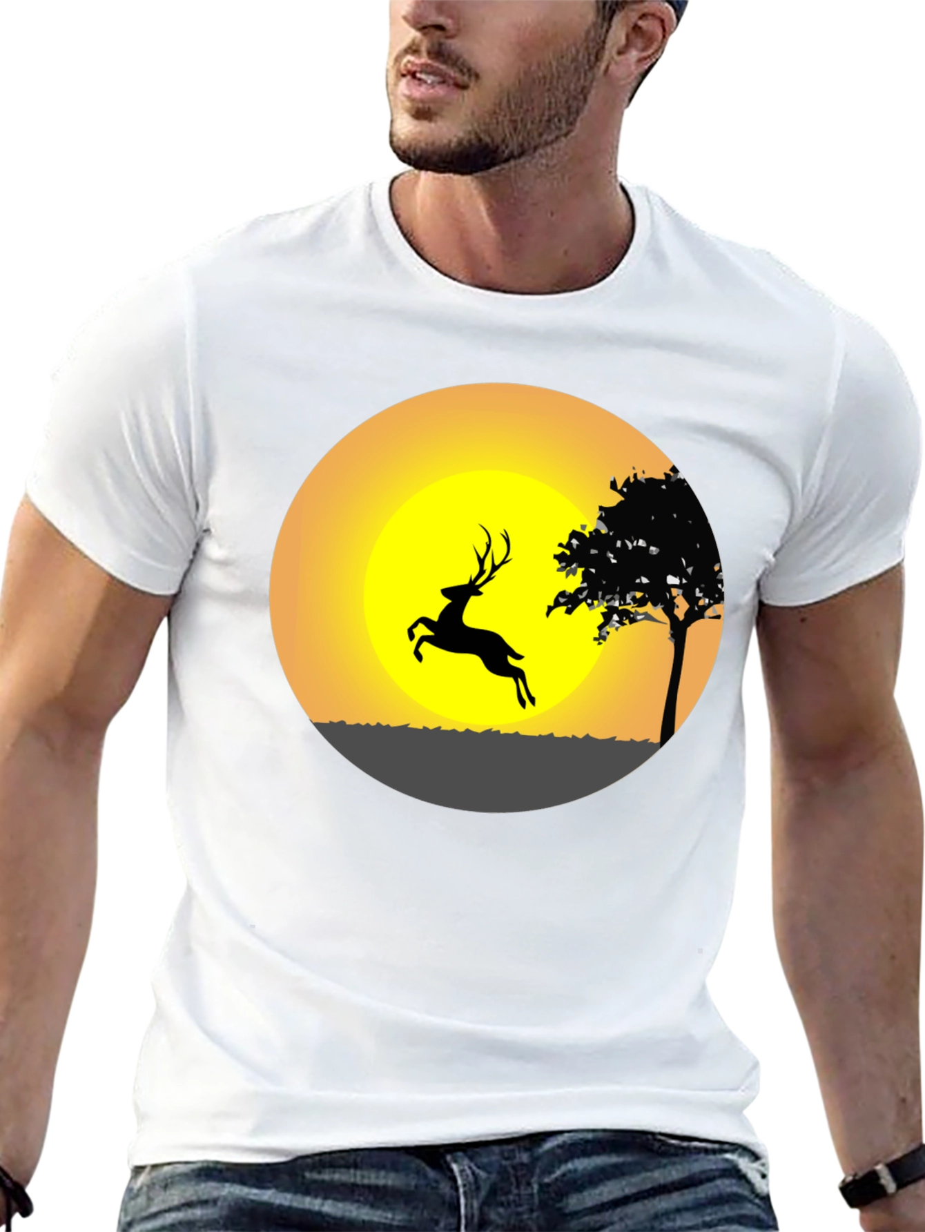 Deer Silhouette Sunset Graphic Tee - Black Cotton Blend