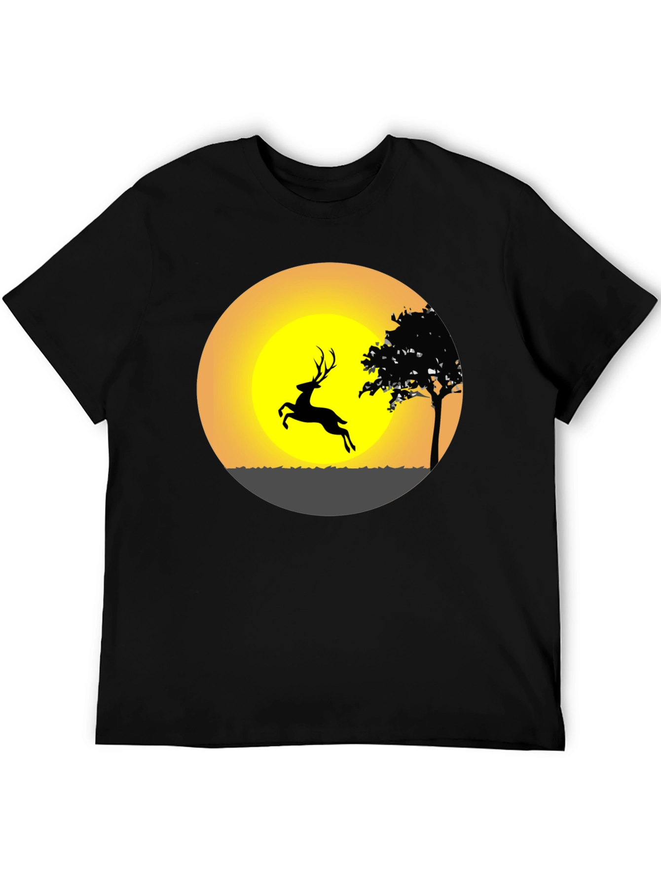 Deer Silhouette Sunset Graphic Tee - Black Cotton Blend